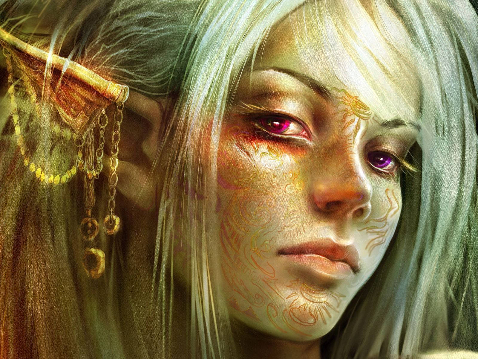 elf, pale skin, glowing purple eyes, HD Desktop Wallpaper