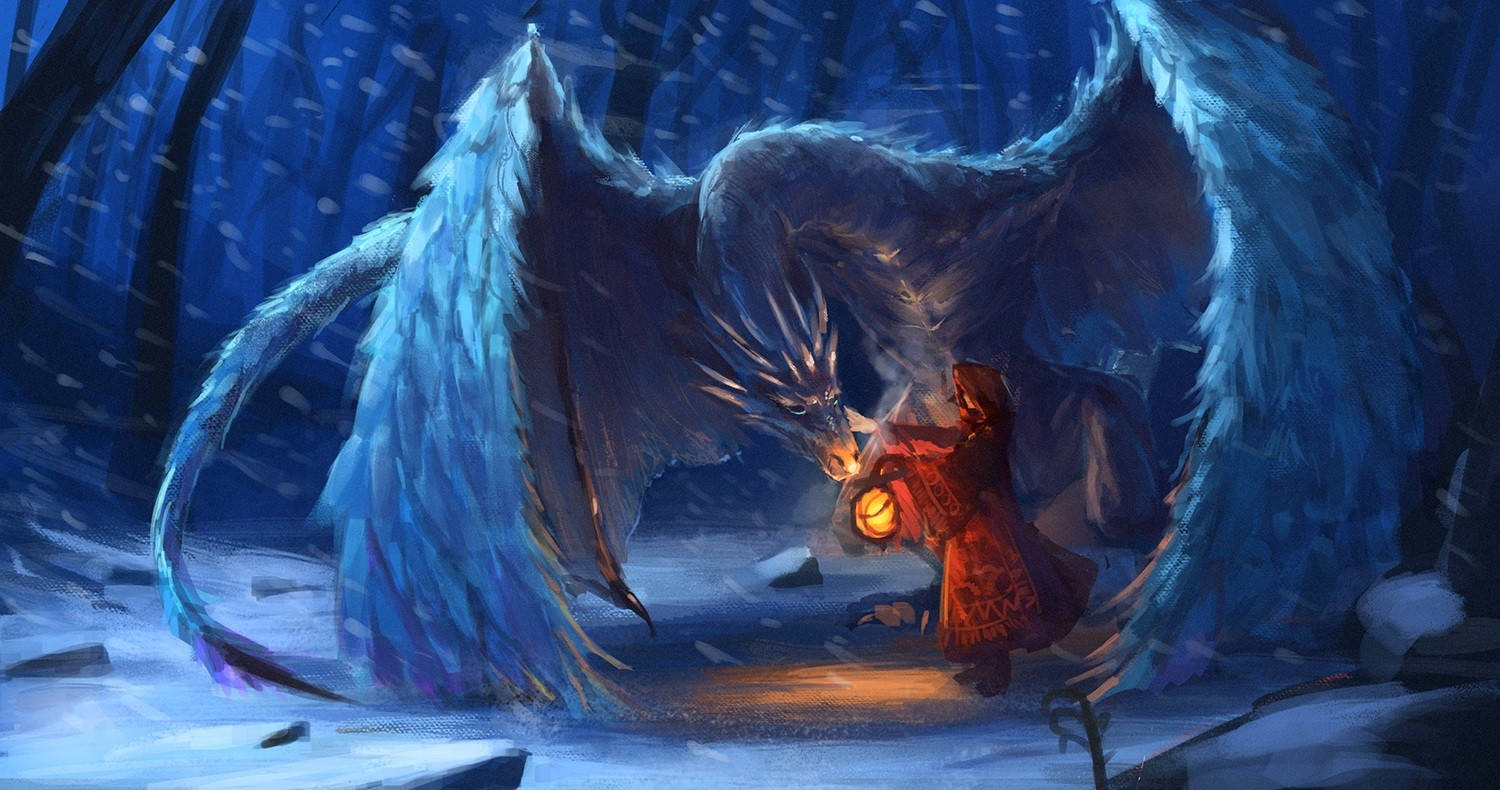 mythical creature snow dragon, blue-feathered dragon, glowing lantern, HD Desktop Wallpaper