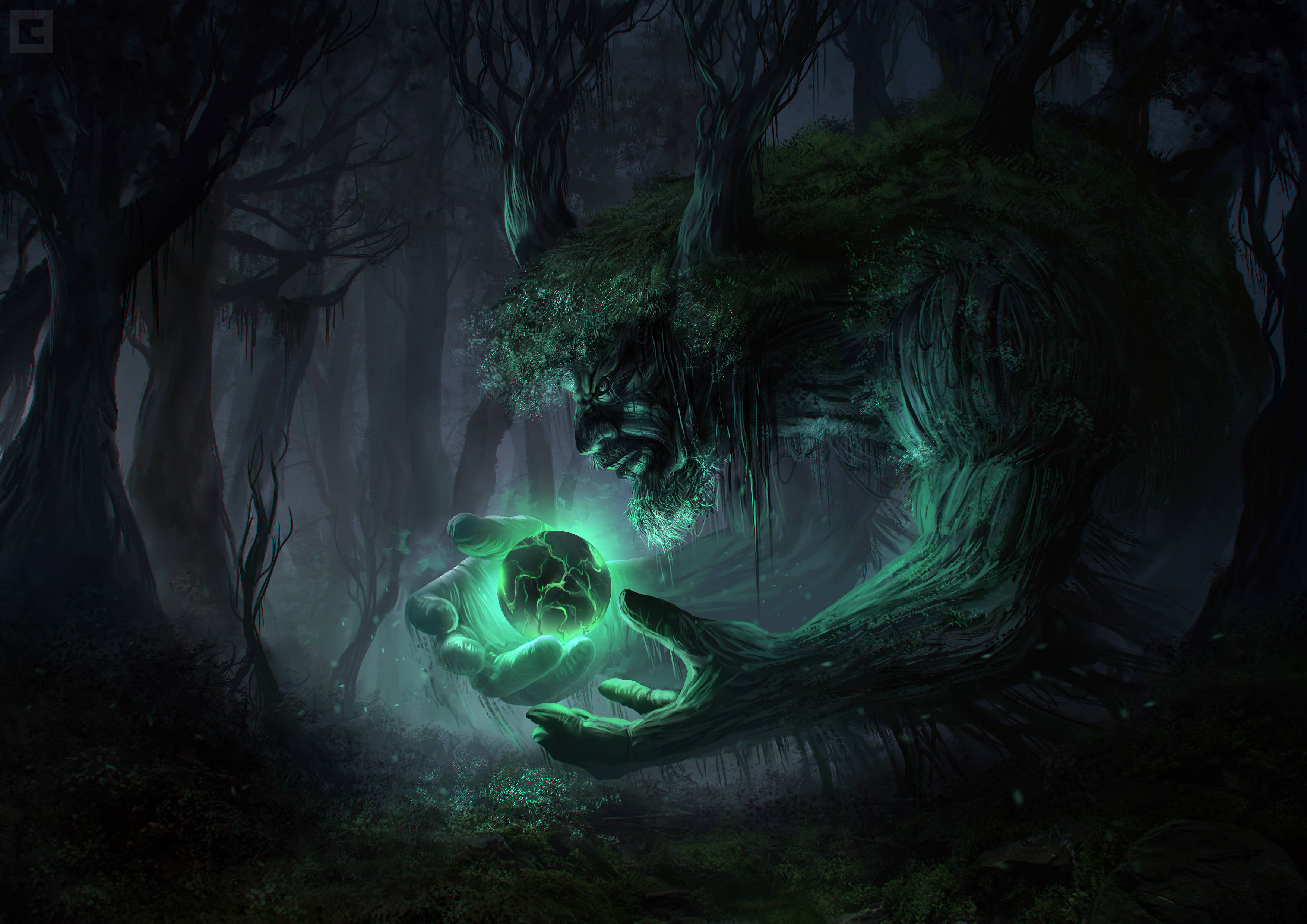 moss-covered tree monster, glowing green hands, luminous orb, 2K Desktop Wallpaper