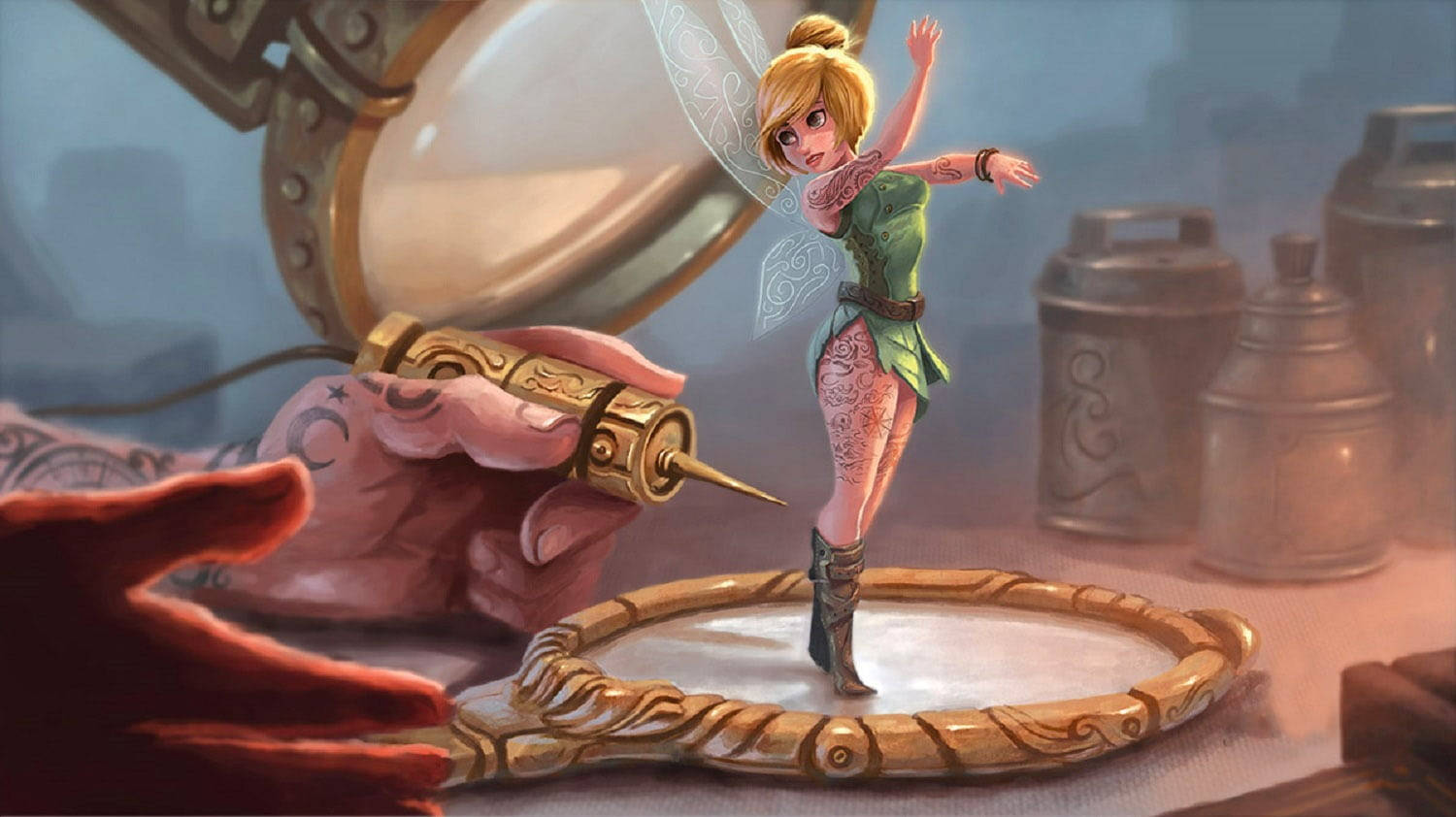 tattooed fairy, green attire, circular platform, HD Desktop Wallpaper