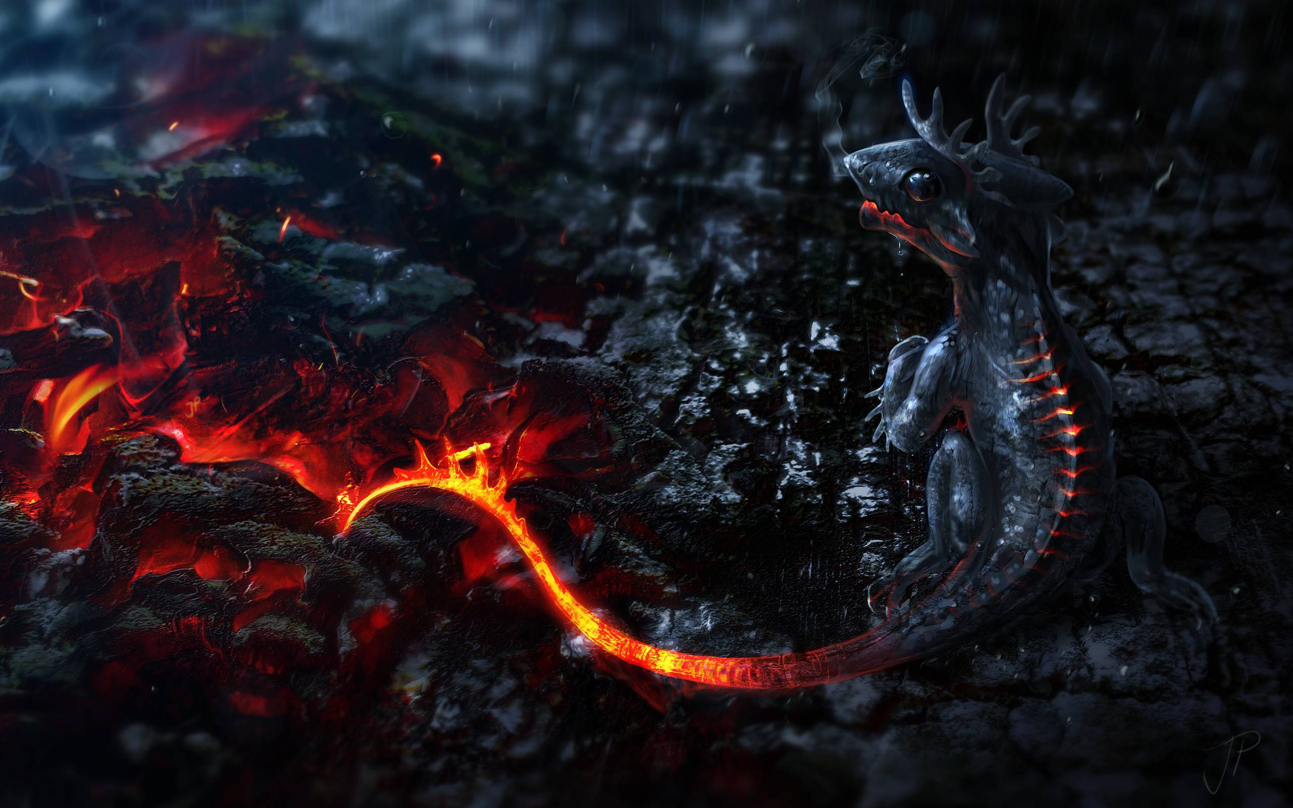 baby mythical creature dragon, glowing red spine, molten lava, 2K Desktop Wallpaper