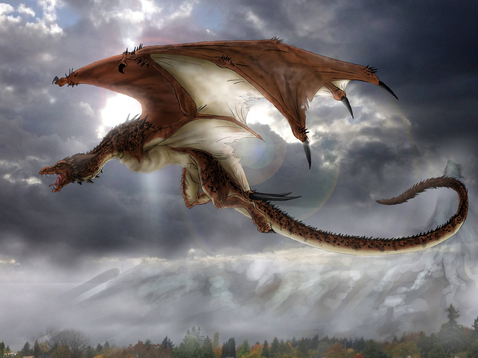 mythical creature, brown dragon, stormy skies, HD Desktop Wallpaper