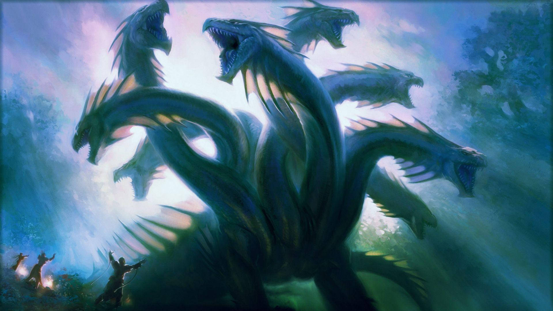 mythical creature hydra dragon, colossal multi-headed dragon, glowing eyes, Full HD Desktop Wallpaper