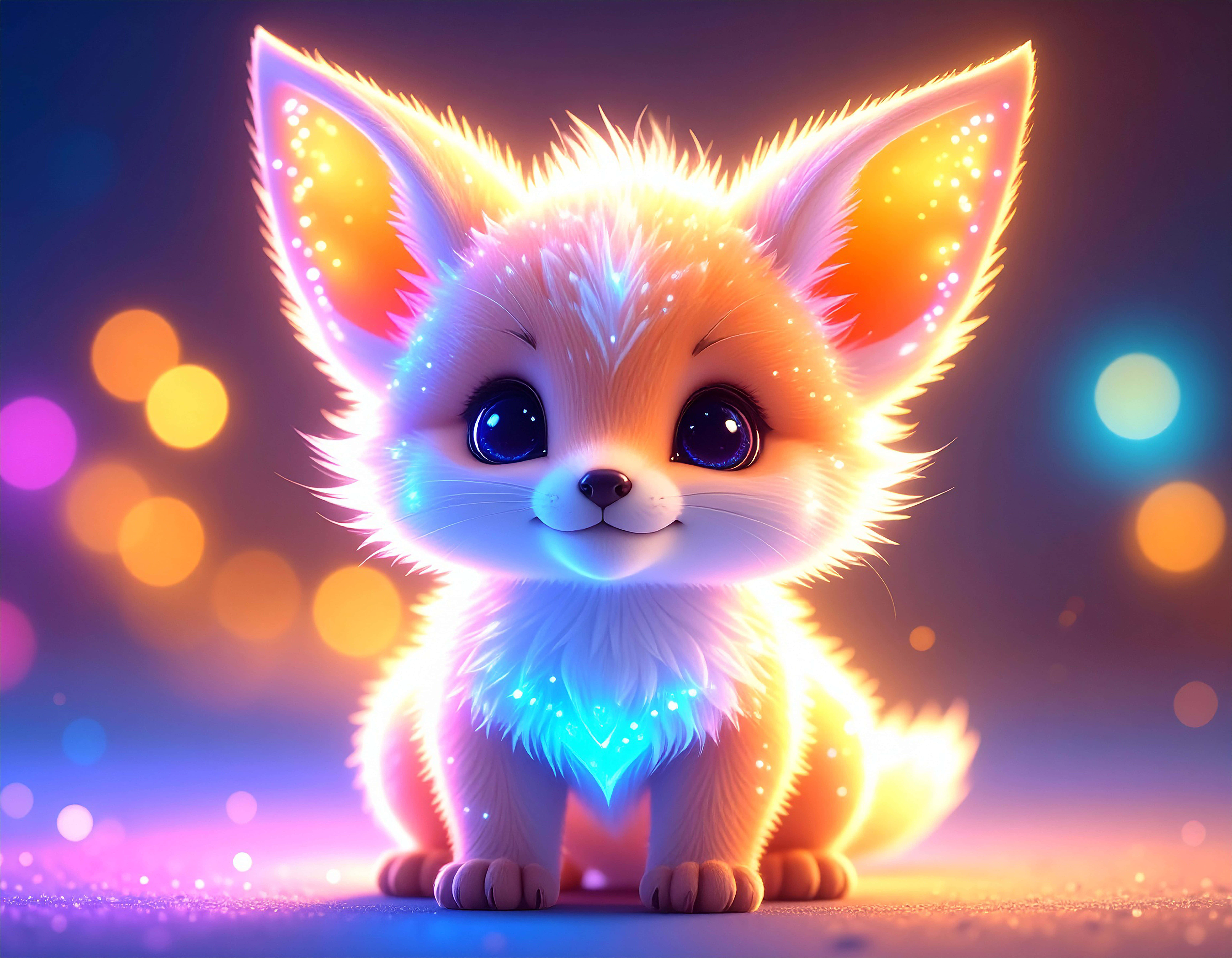 neon fox cub, glowing, sparkling fur, 8K Desktop Wallpaper
