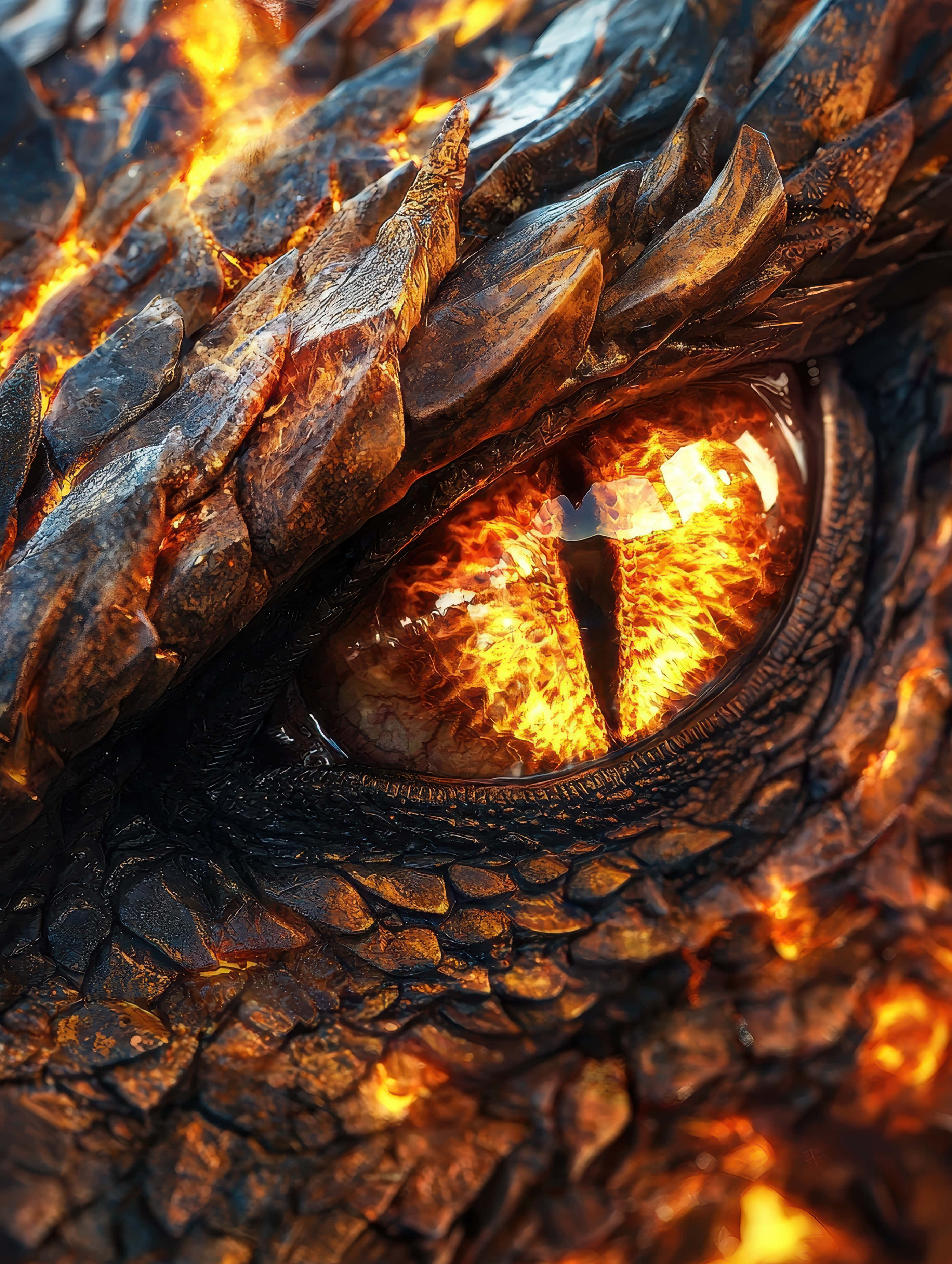fiery dragon eye, glowing with fiery orange light, textured dark scales, 2K Phone Wallpaper