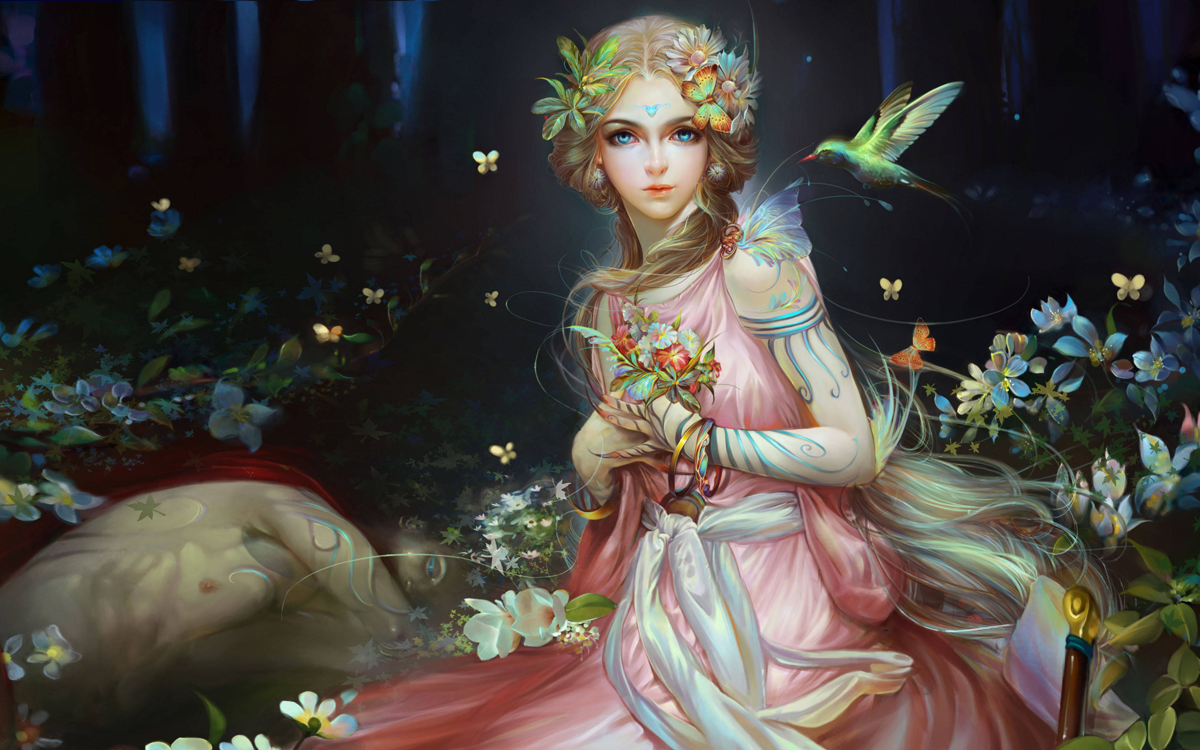 mythical creature fairy, floral crown, flowing gown, 4K Desktop Wallpaper