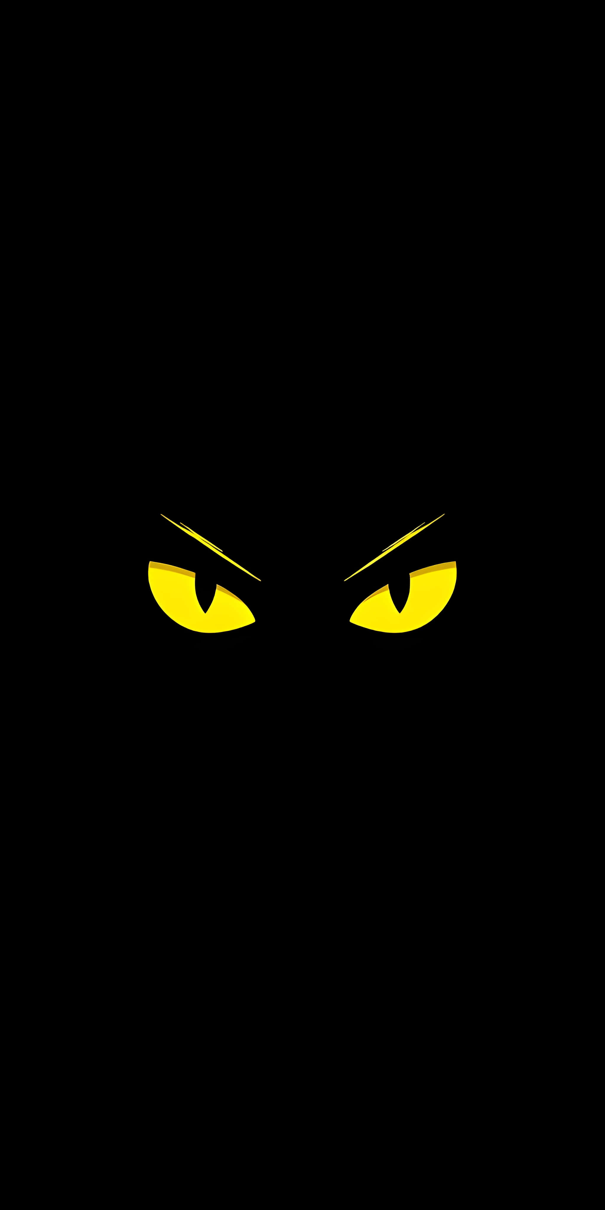glowing yellow feline eyes, sharp slanted brows, absolute darkness, 4K Phone Wallpaper
