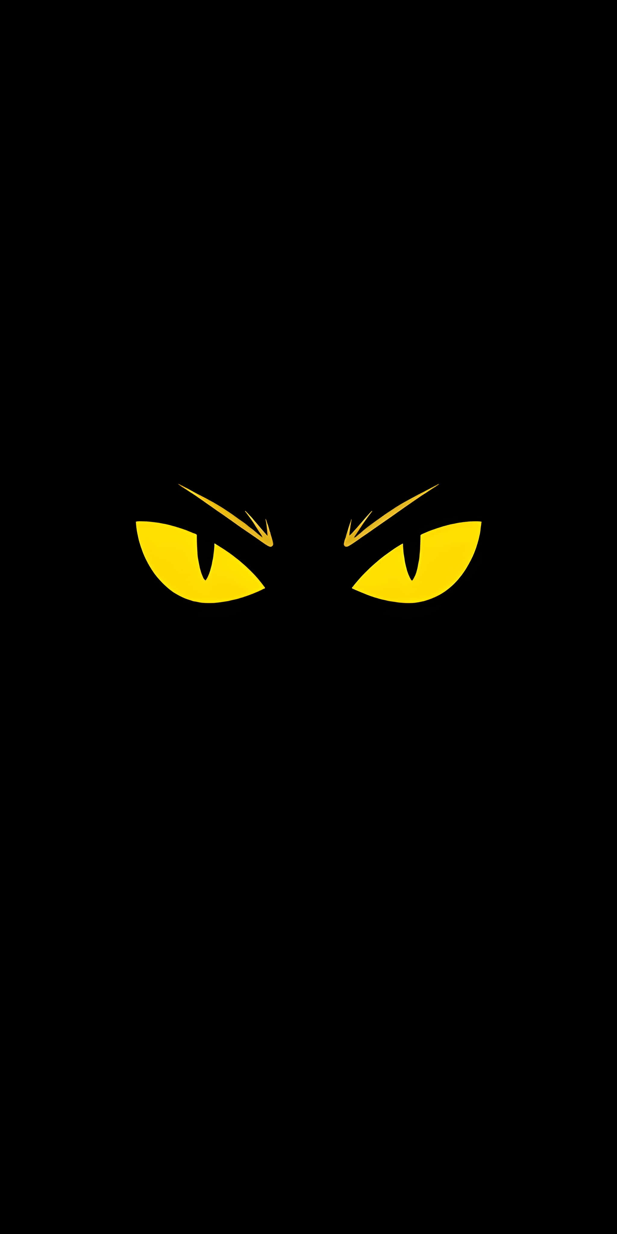 glowing yellow feline eyes, sharp eyebrows, absolute darkness, 4K Phone Wallpaper