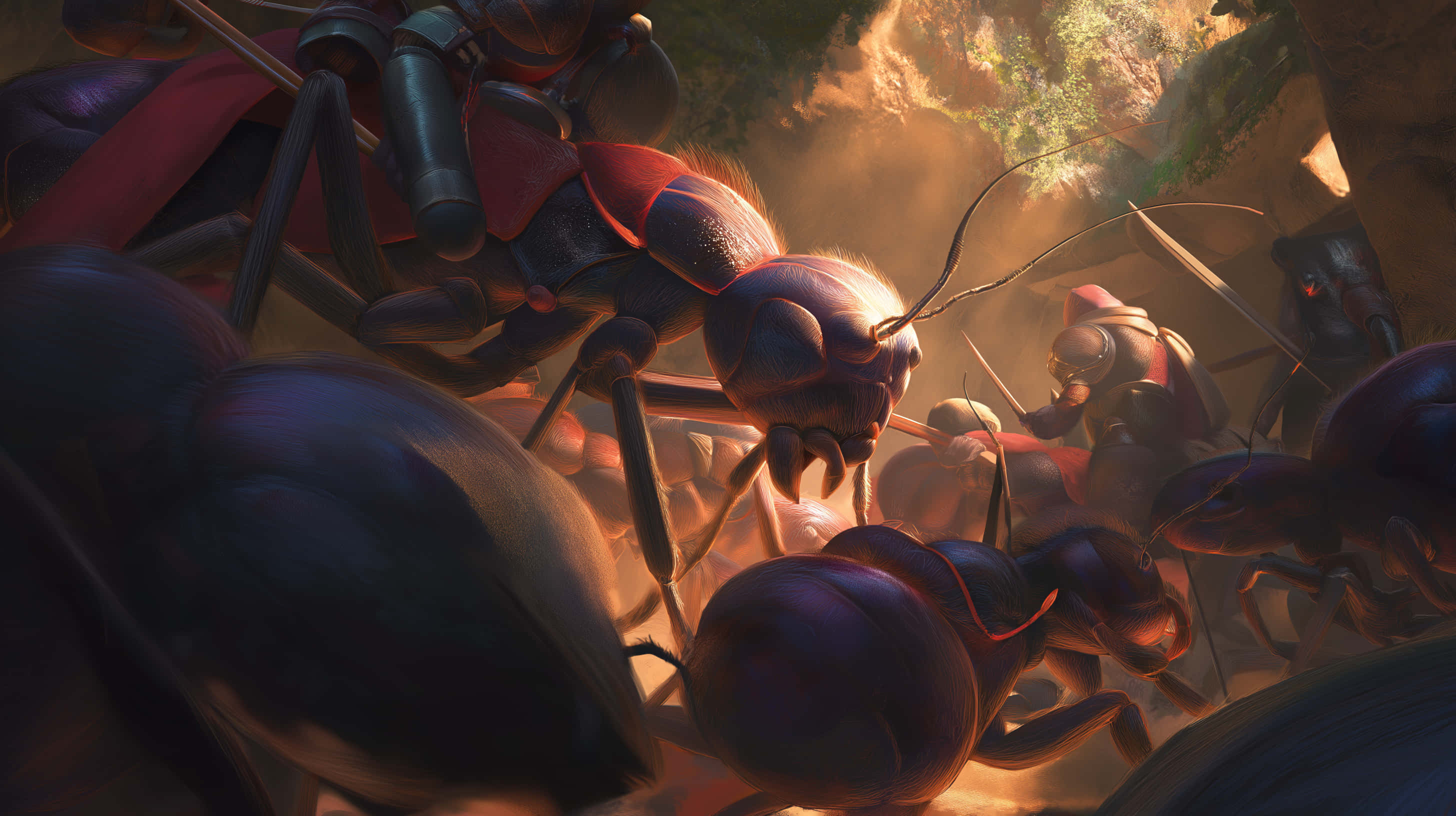 armored ants, cavernous setting, warm golden light, 2K Desktop Wallpaper