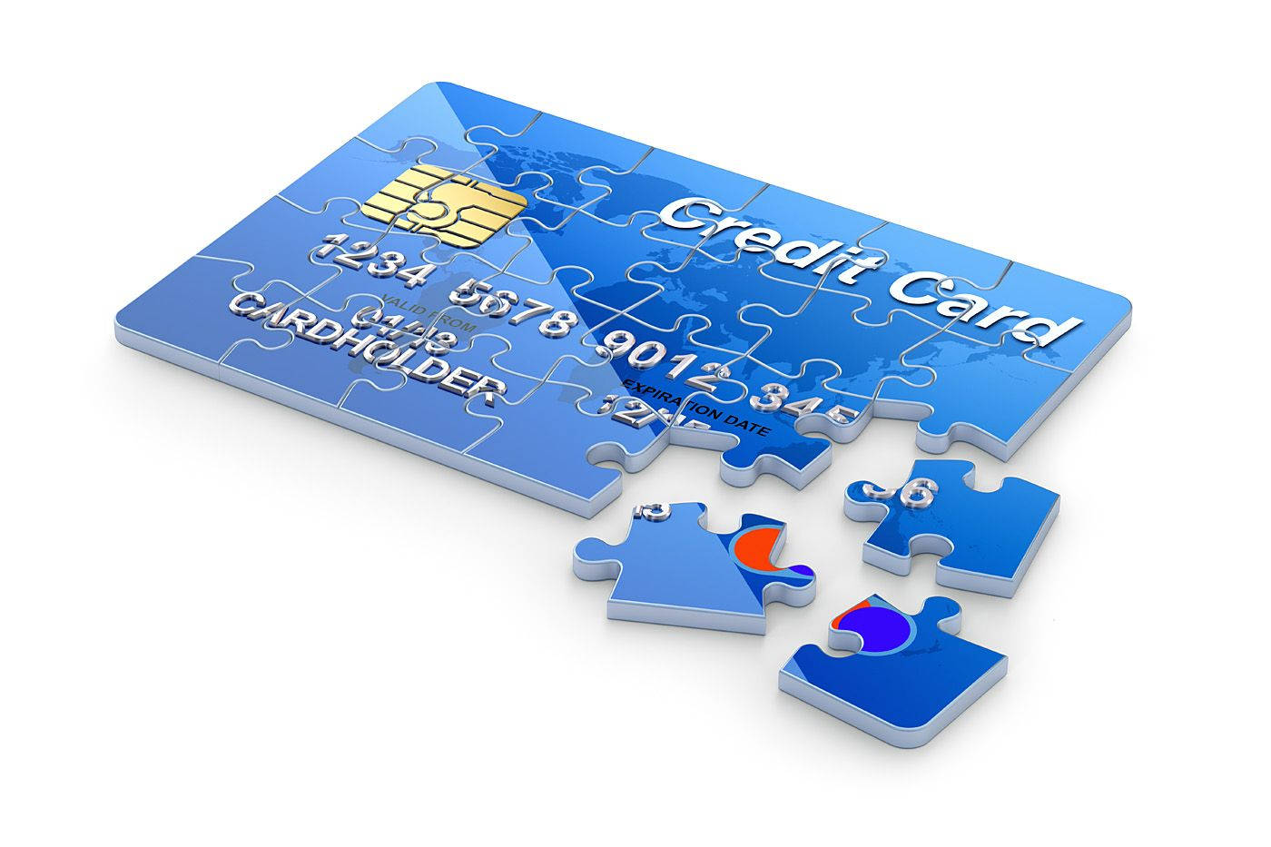 blue credit card, 3d puzzle, several pieces missing, HD Desktop Wallpaper