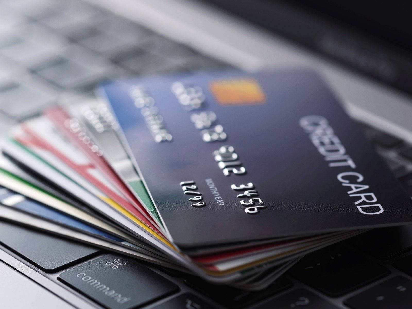 credit cards, laptop keyboard, colorful, HD Desktop Wallpaper
