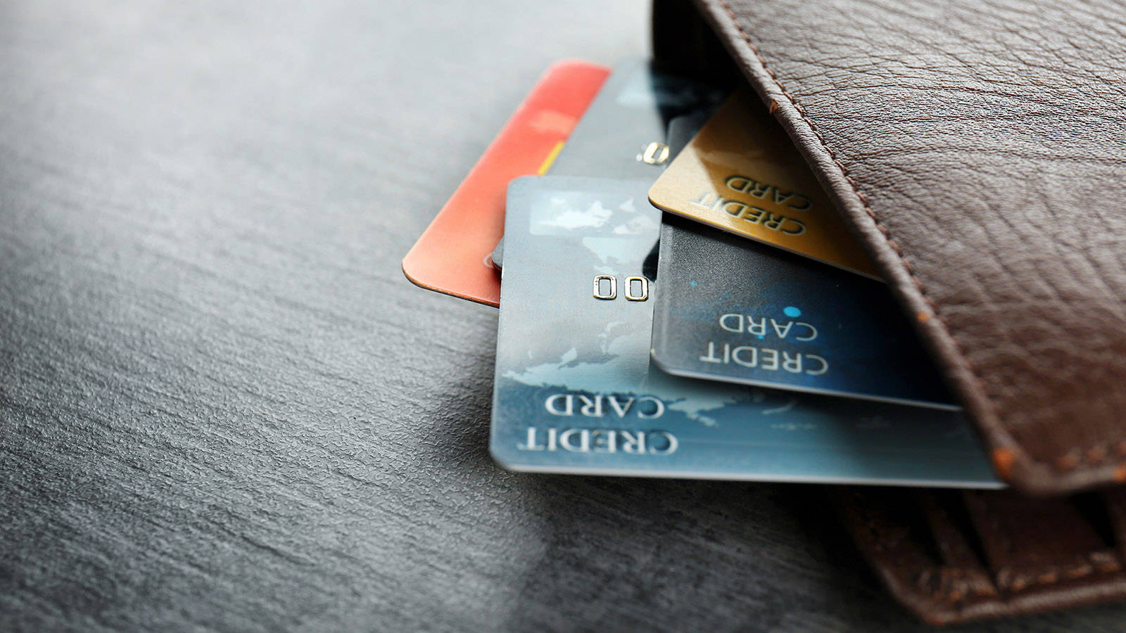 credit cards, brown leather wallet, dark textured surface, HD Desktop Wallpaper