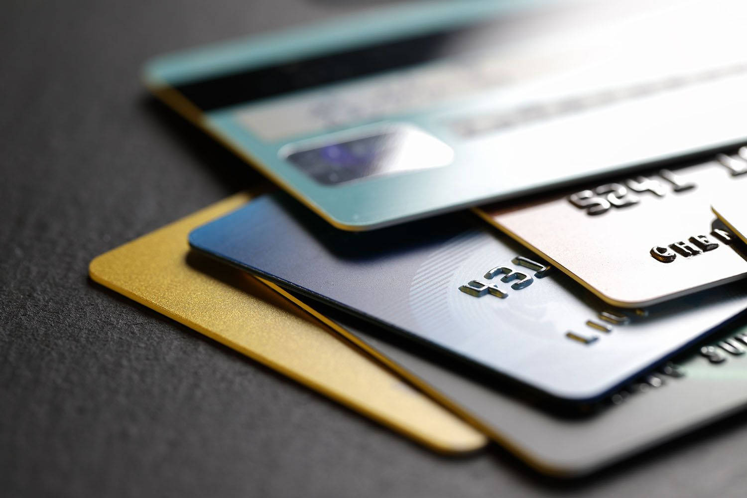 multicolored pile of credit cards, dark textured surface, shallow depth of field, HD Desktop Wallpaper