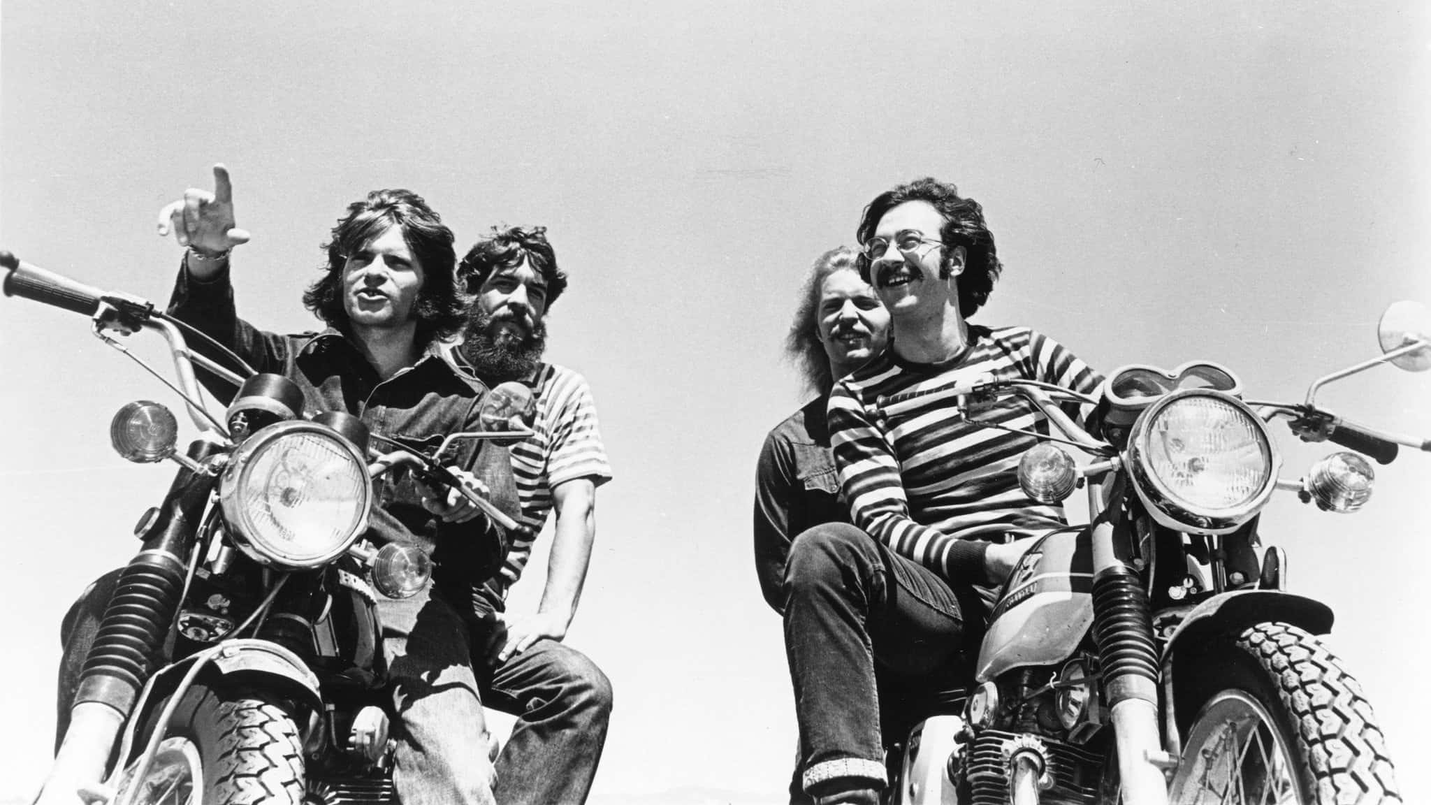 Creedence Clearwater Revival, motorcycle ride, black and white photo, Full HD Desktop Wallpaper