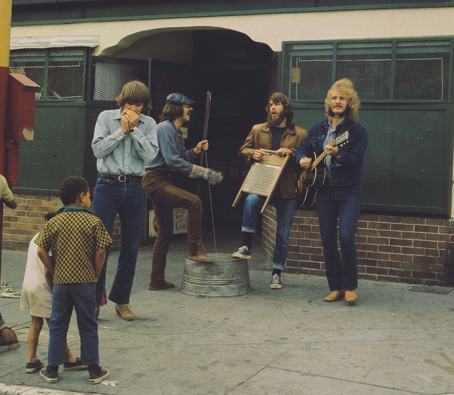 Creedence Clearwater Revival, 1970s attire, brick building, HD Desktop Wallpaper