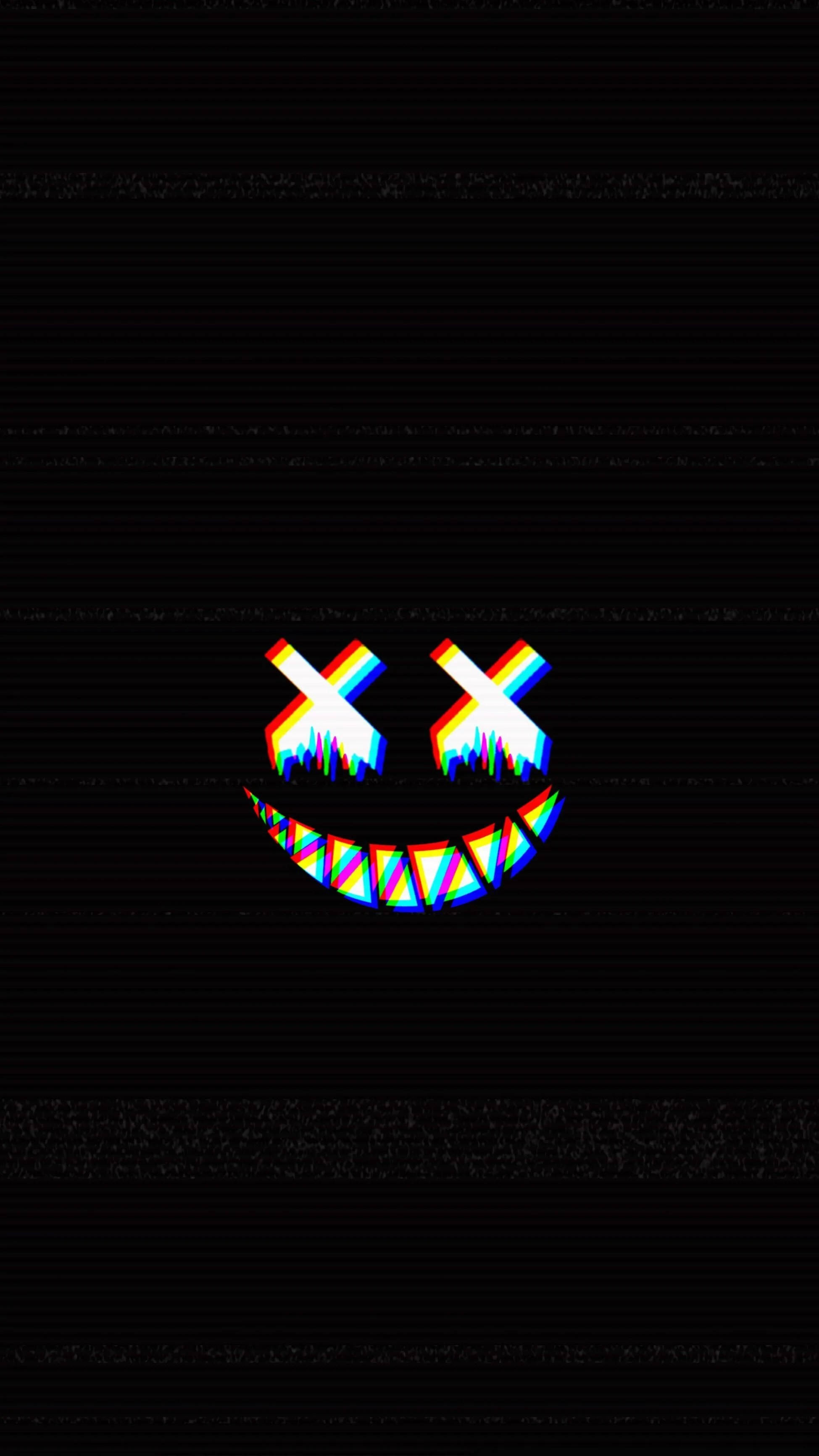 black trippy face, glitchy rainbow smiley face, X eyes, 2K Phone Wallpaper