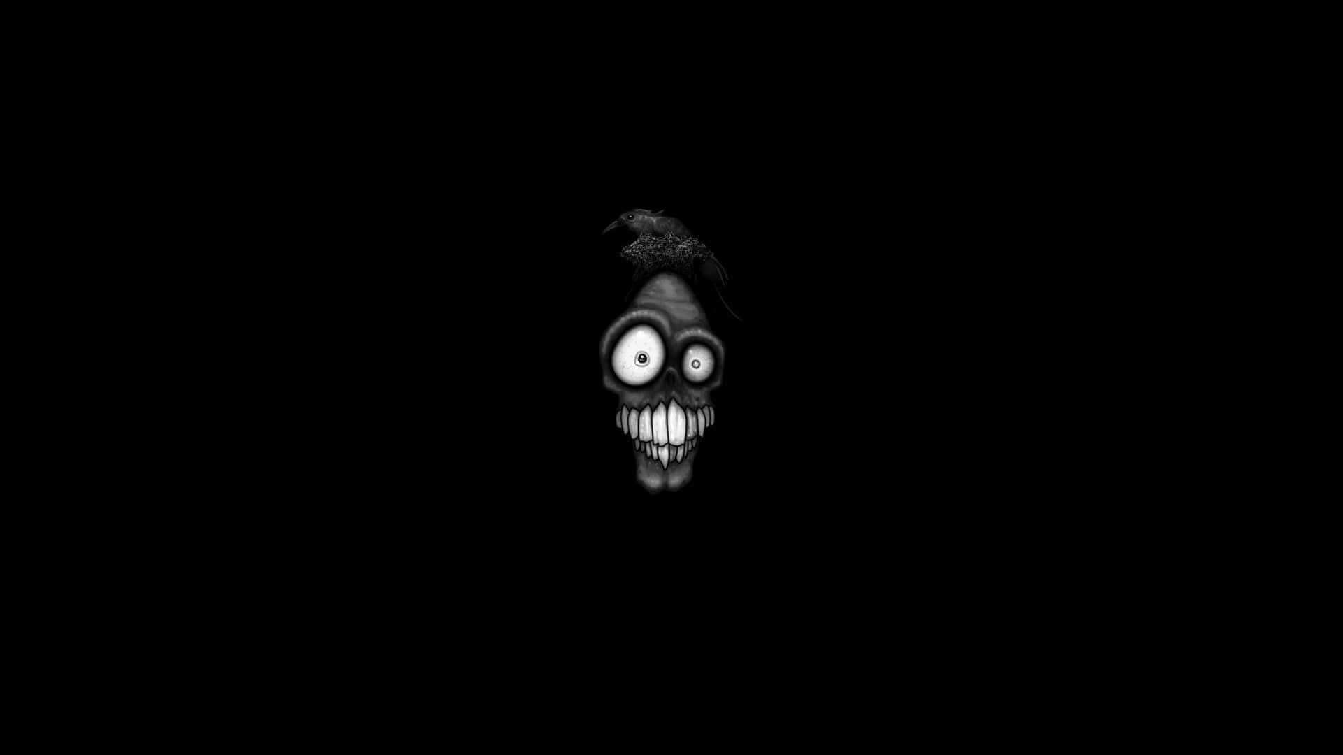 black and white image, glowing-eyed skull, jagged teeth, Full HD Desktop Wallpaper