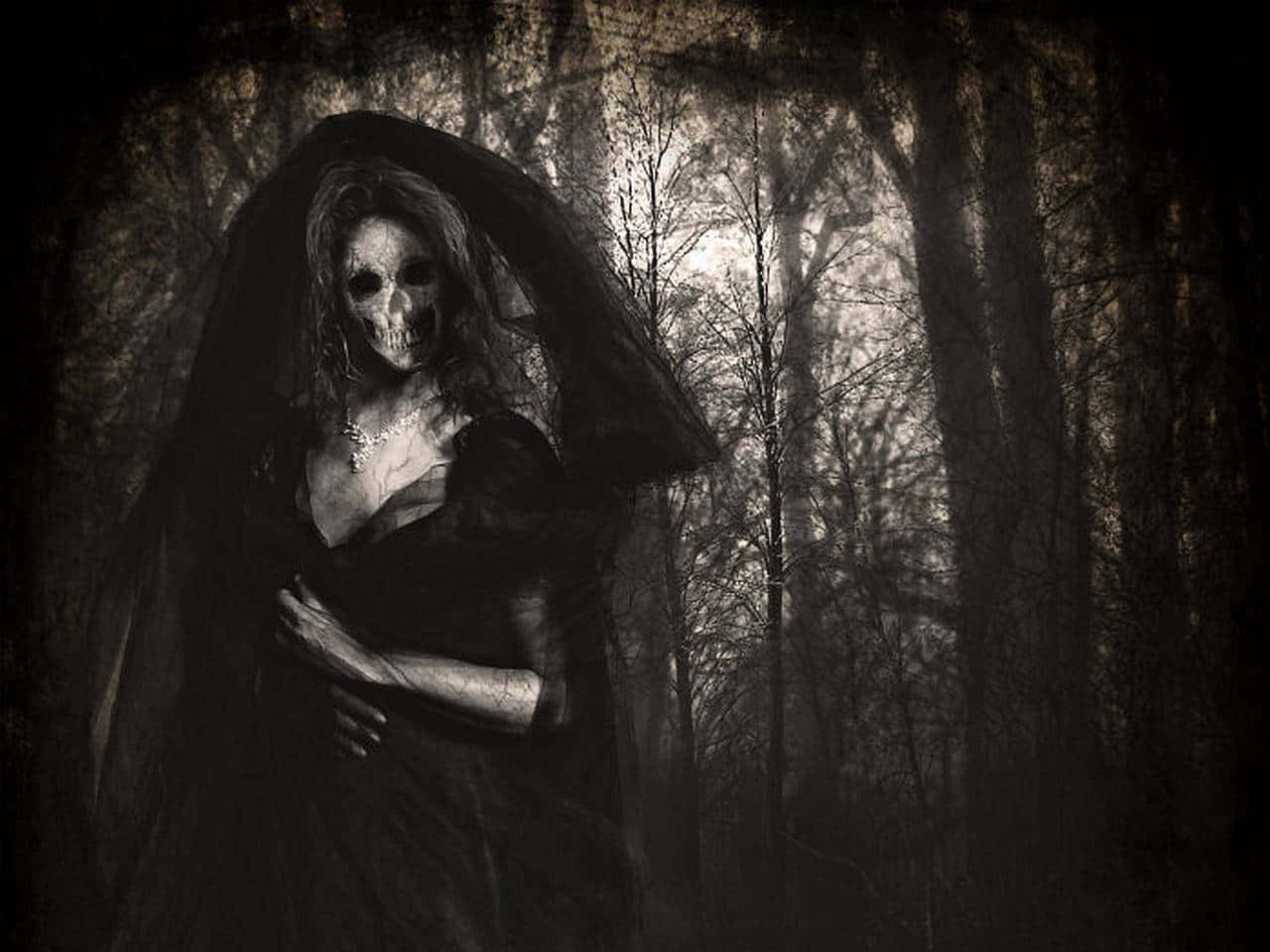 skeletal bride, flowing black veil, misty bare forest, HD Desktop Wallpaper