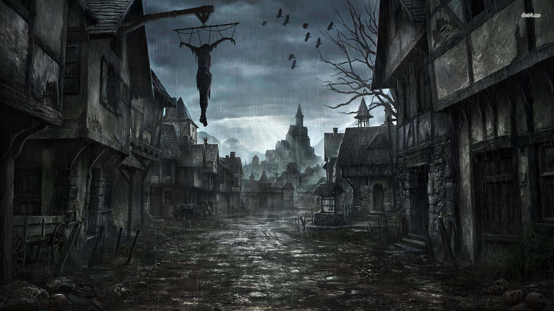 medieval village street, stormy skies, crucified figure, Full HD Desktop Wallpaper