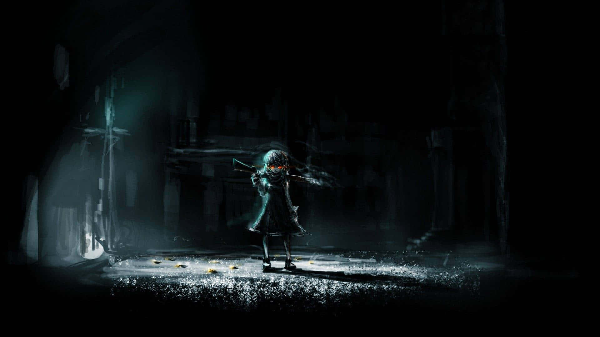 anime girl, glowing red eyes, dark, misty ruin, Full HD Desktop Wallpaper