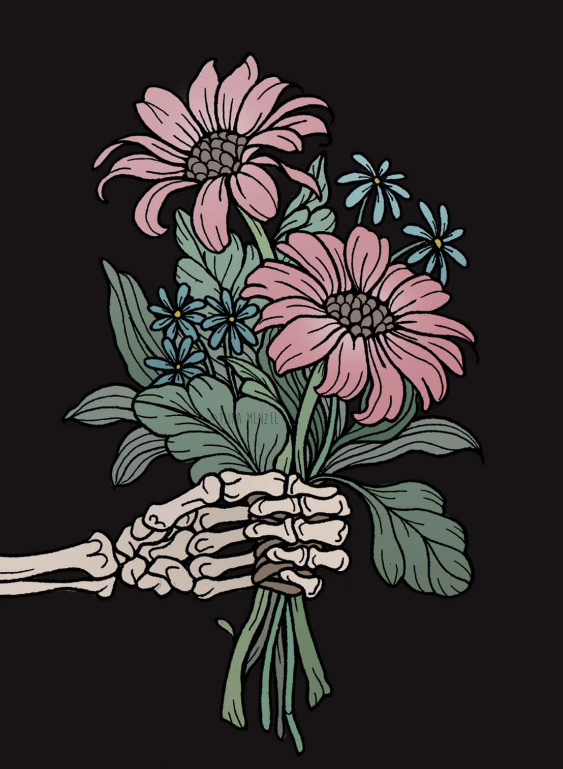skeletal hand, vibrant bouquet of pink and blue flowers, stark black background, HD Phone Wallpaper