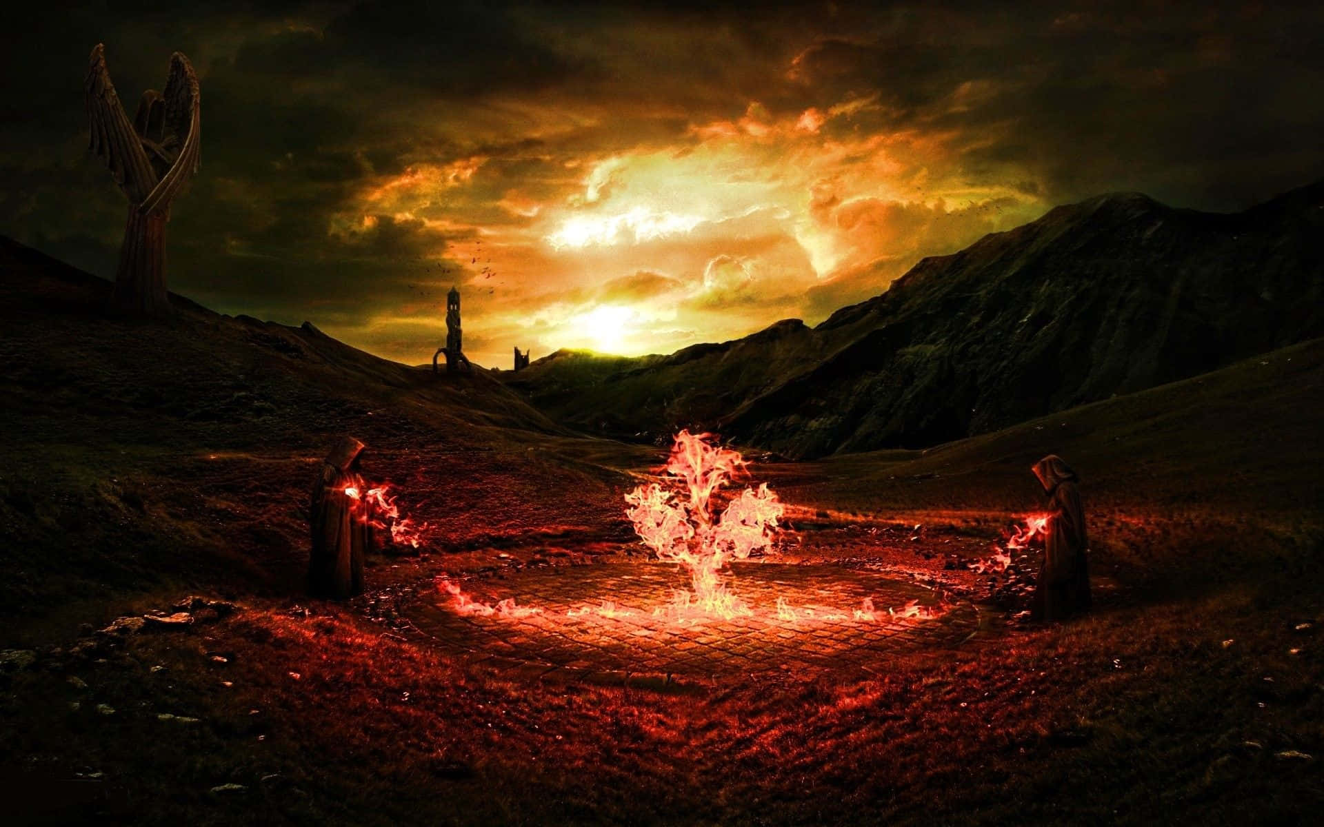 glowing red fire, desolate valley, sunset, Full HD Desktop Wallpaper