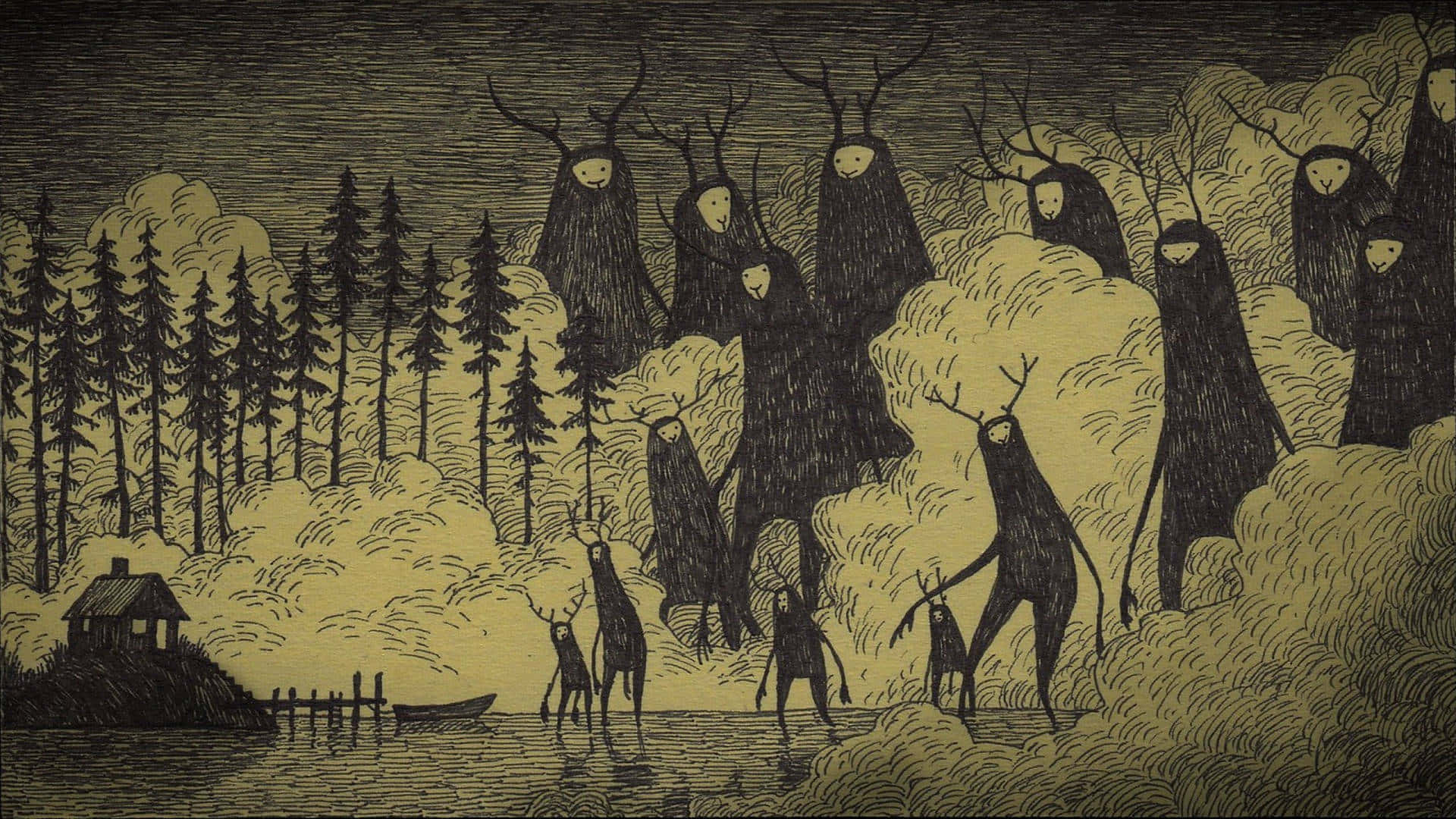 dark forest spirits, antlers, mist, Full HD Desktop Wallpaper