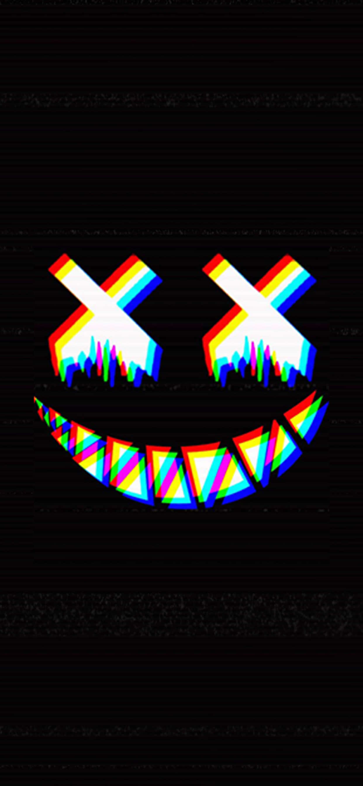 glitchy rainbow smiley face, X eyes, jagged teeth, 2K Phone Wallpaper