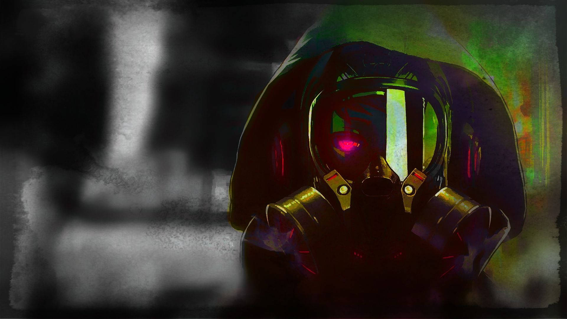 gas mask, hoodie, glowing red eyes, Full HD Desktop Wallpaper