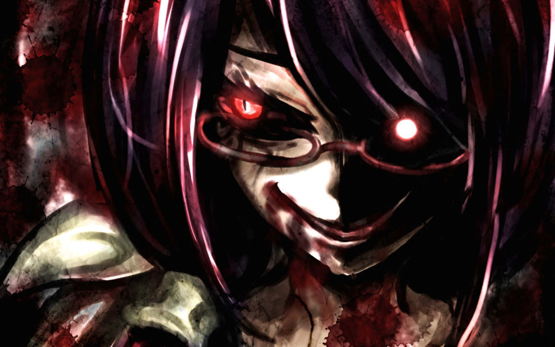 anime girl, glowing red eyes, dark hair, Full HD Desktop Wallpaper