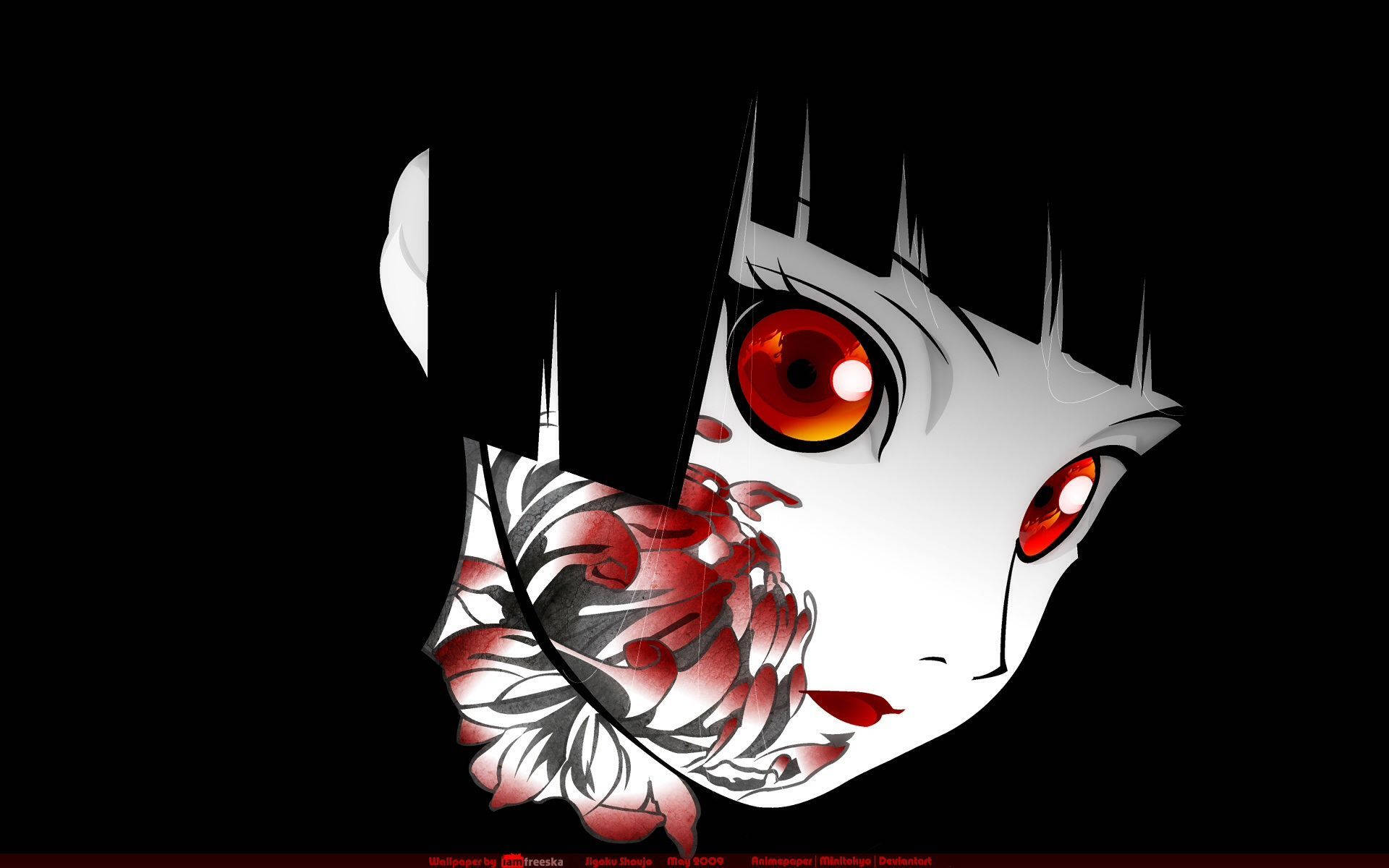 creepy anime, red eyes, black hair, Full HD Desktop Wallpaper