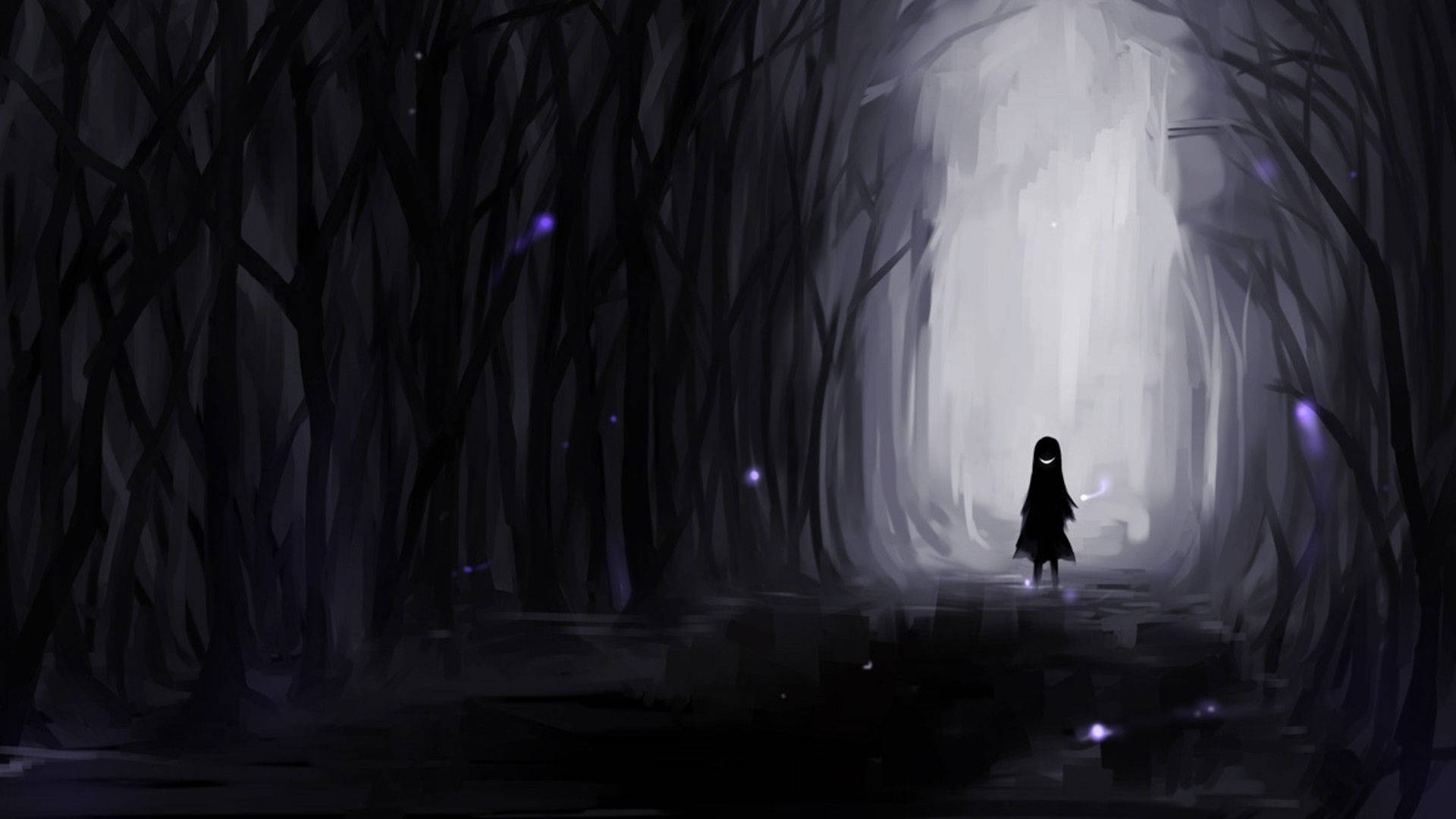 Creepy Anime, glowing smile, dark forest, Full HD Desktop Wallpaper