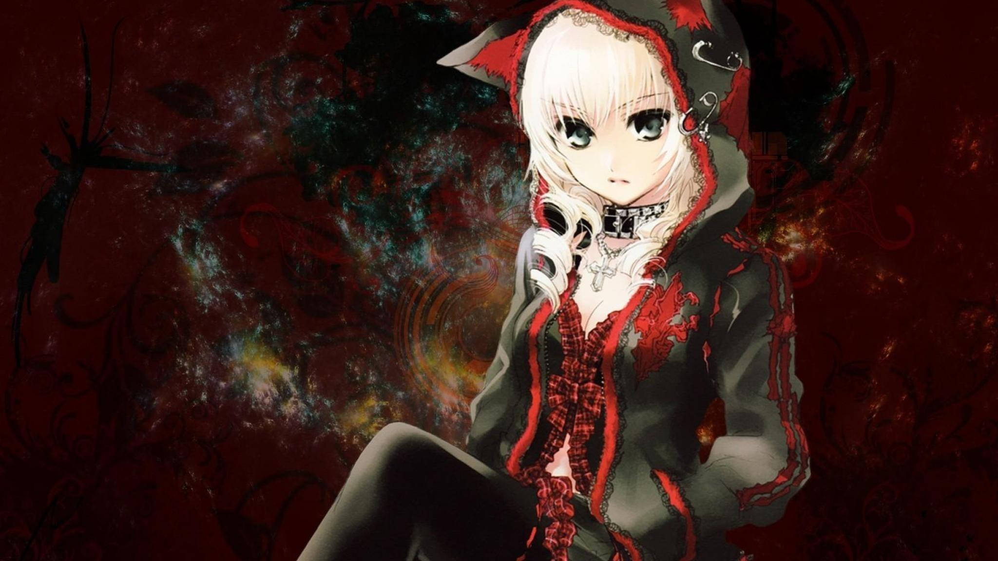 anime girl, white hair, red hooded outfit, Full HD Desktop Wallpaper