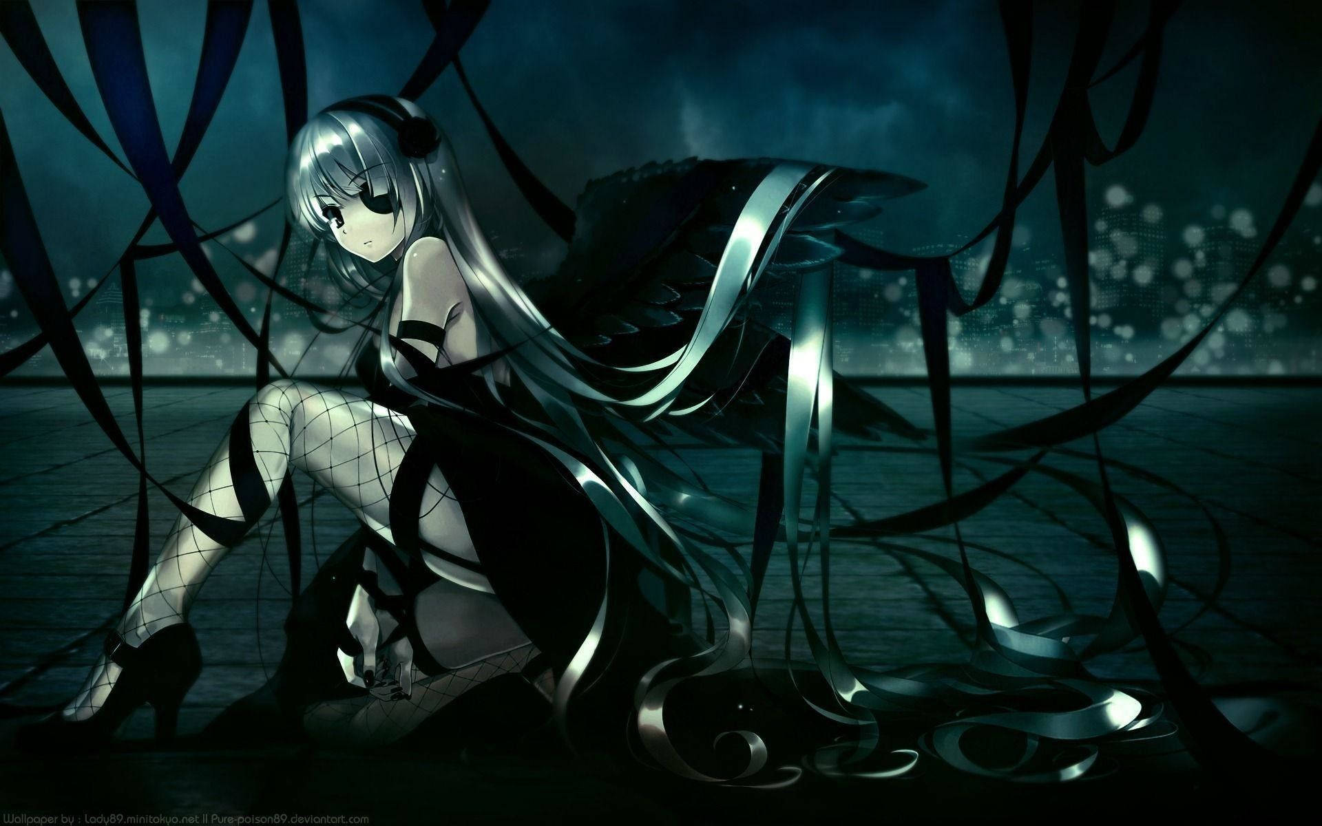 silver-haired anime girl, black wings, dark ribbons, Full HD Desktop Wallpaper