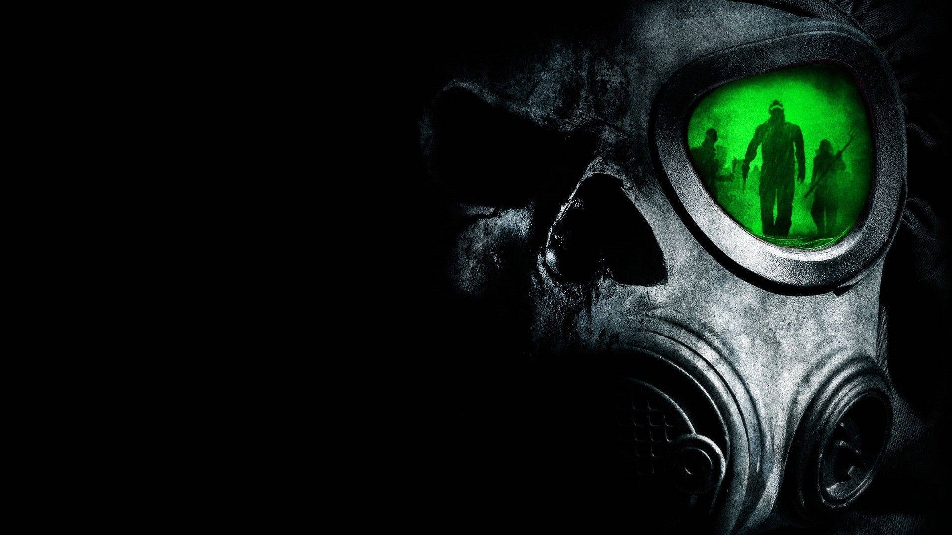 gas mask skull, glowing green visor, eerie silhouettes of armed figures, Full HD Desktop Wallpaper