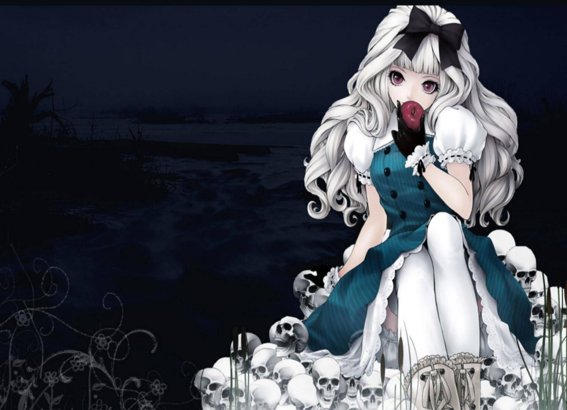 creepy anime, pale anime girl, white hair, Full HD Desktop Wallpaper