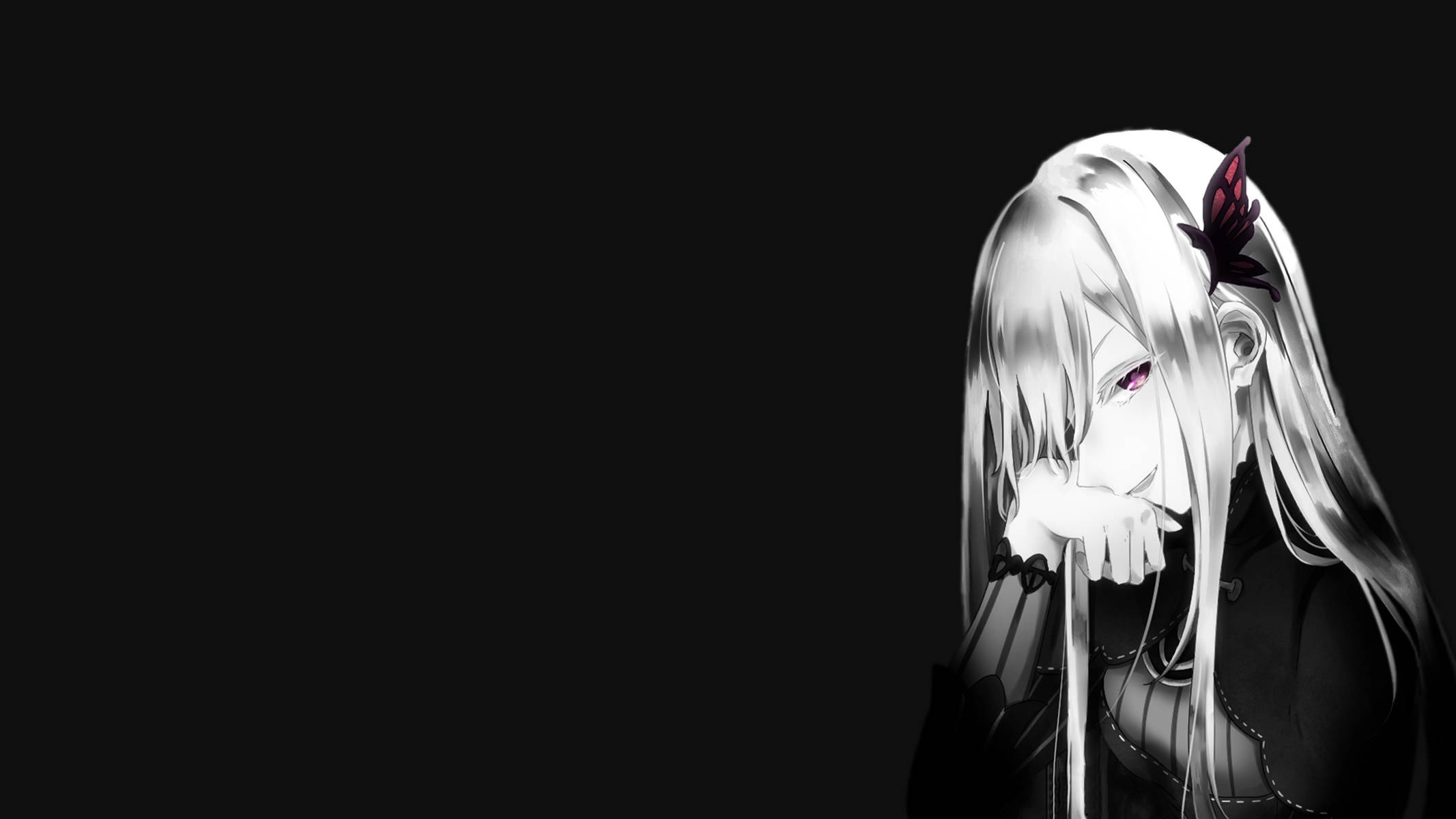silver hair, red butterfly hairpin, melancholic anime girl, Full HD Desktop Wallpaper