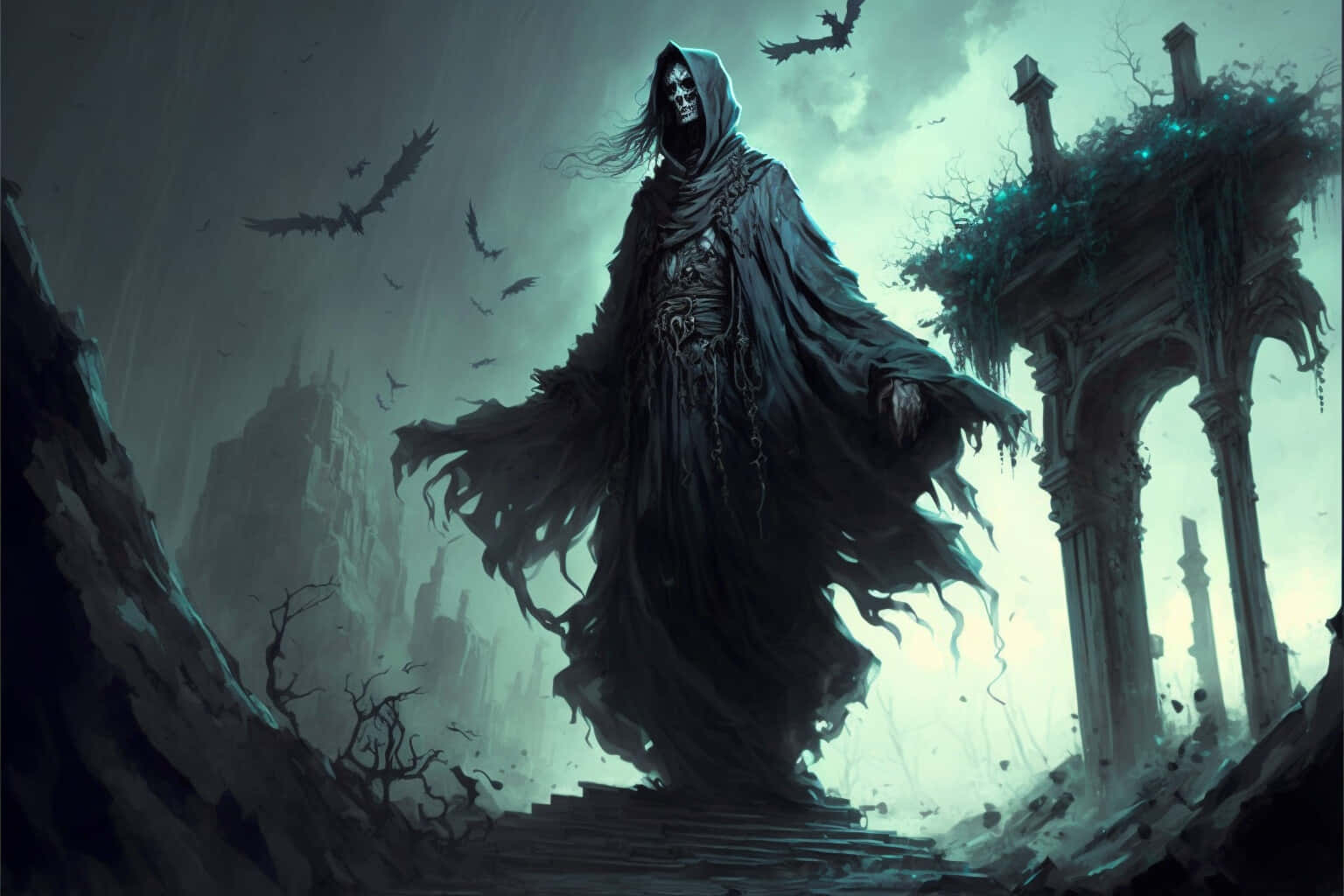 skeletal figure, tattered black cloak, stone steps, HD Desktop Wallpaper
