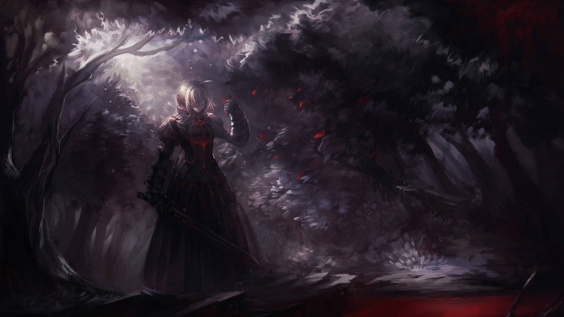 Creepy Anime Girl Warrior, dark forest, pale-haired anime girl, Full HD Desktop Wallpaper