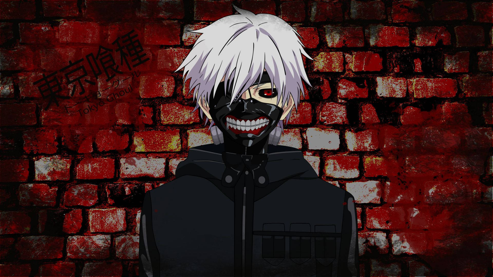 white hair, black mask, blood-red brick wall, Full HD Desktop Wallpaper