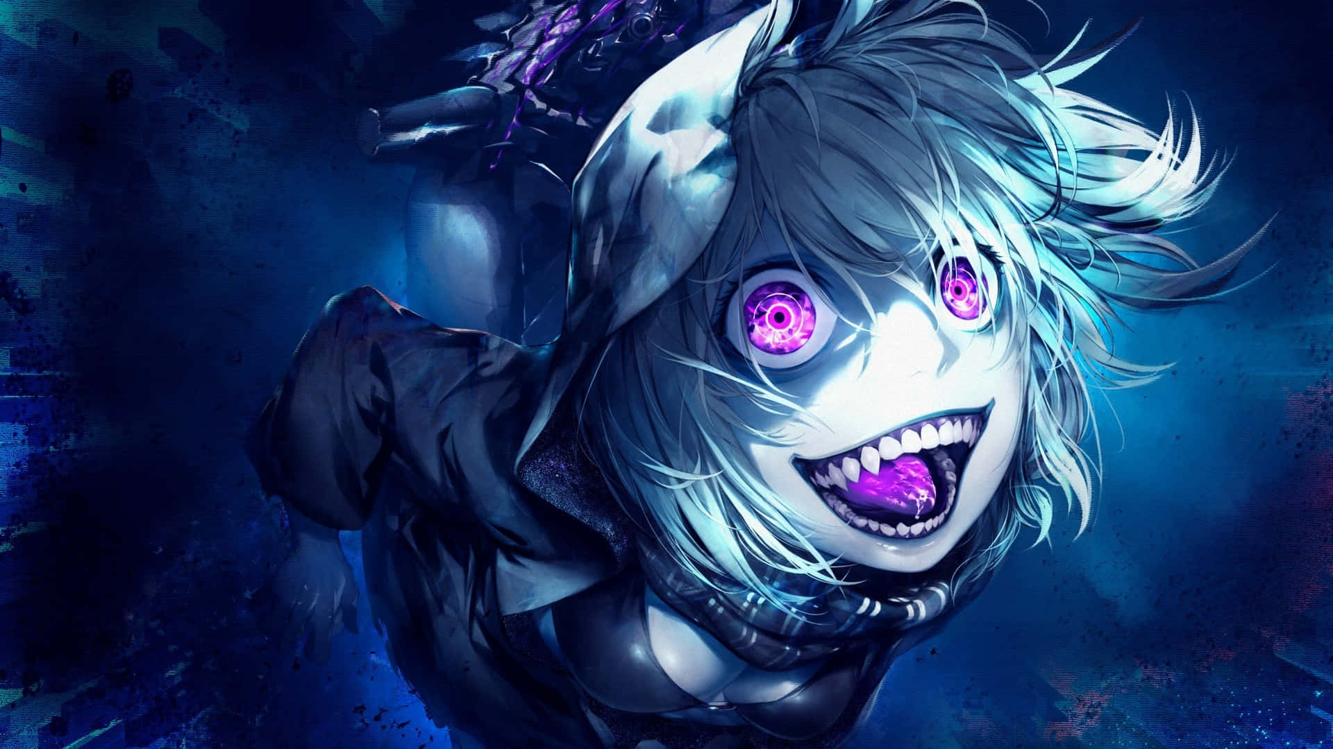 creepy grinning anime girl, glowing purple eyes, sharp teeth, Full HD Desktop Wallpaper