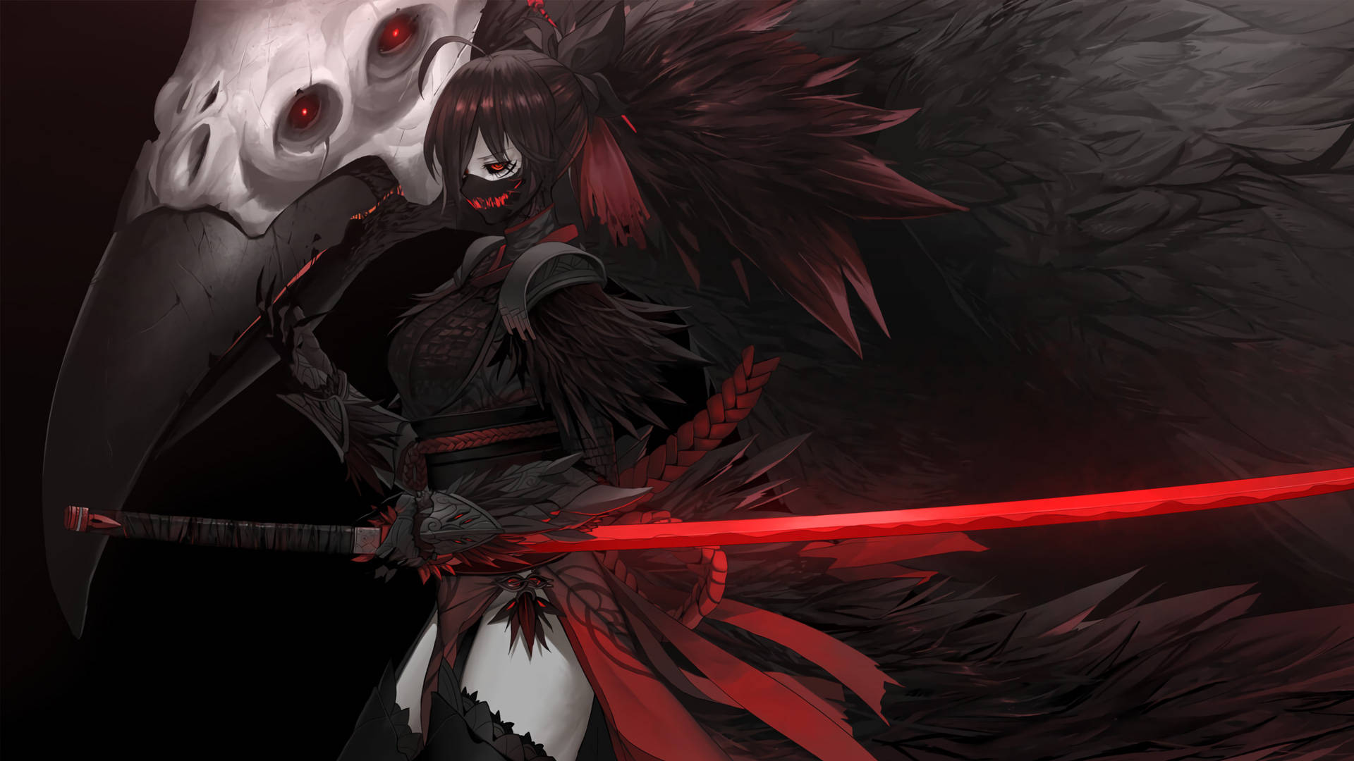 Creepy Anime, red eyes, black feathered wings, Full HD Desktop Wallpaper