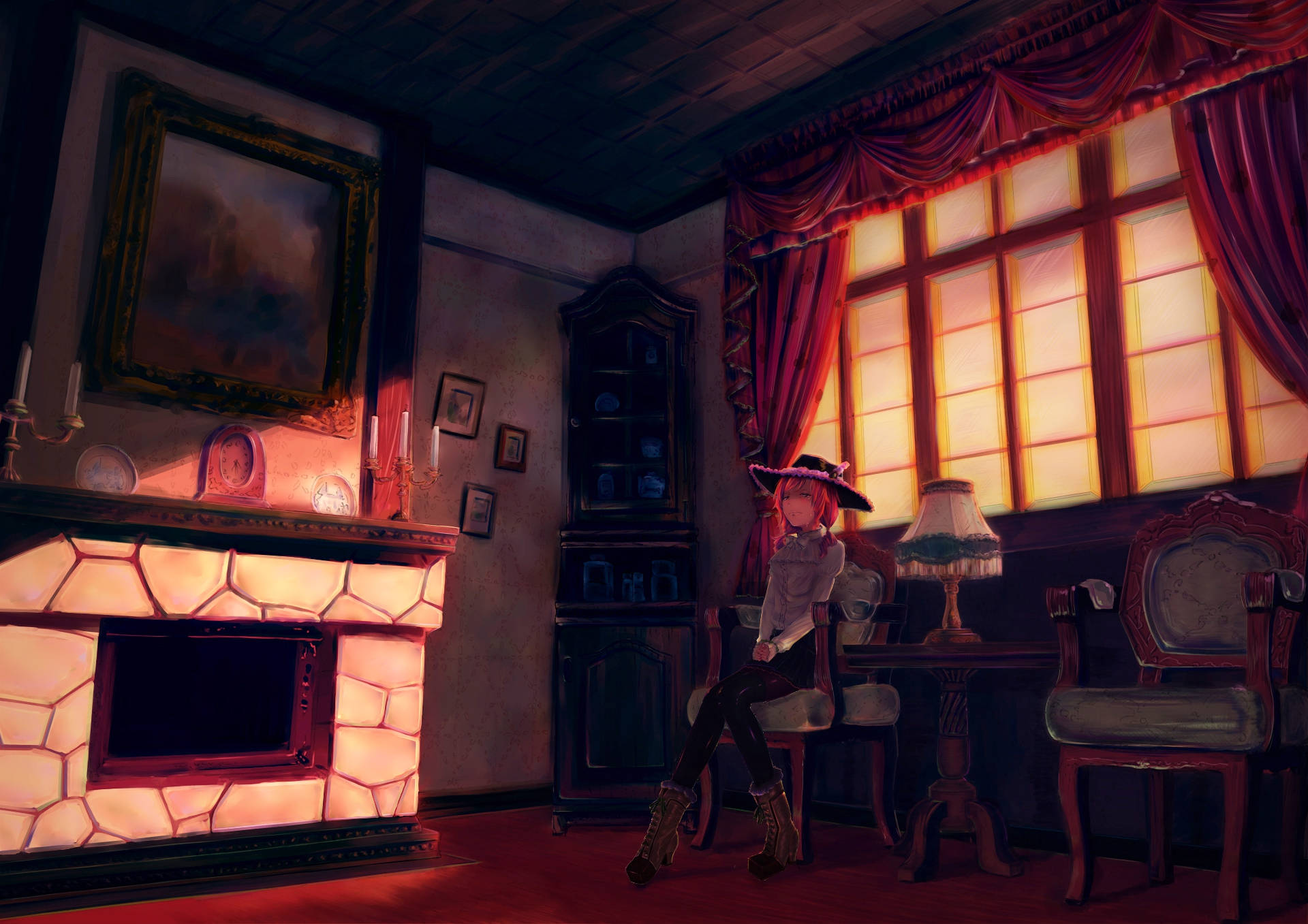 red-haired anime girl, hat, warmly lit vintage room, Full HD Desktop Wallpaper