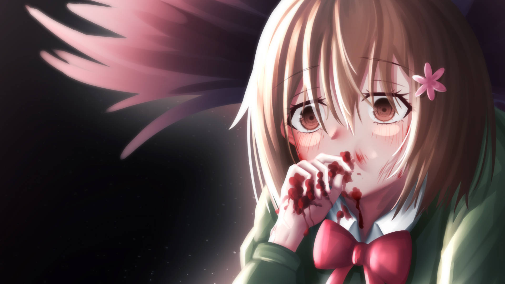 pink hair, flower in her hair, bloodied hands, Full HD Desktop Wallpaper