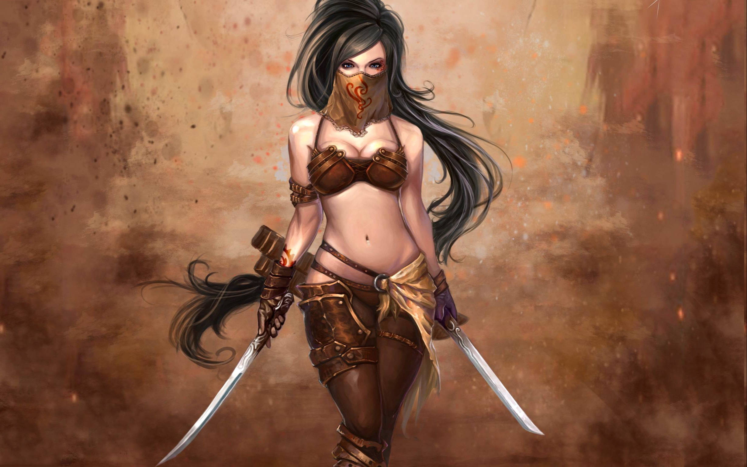 masked female warrior, long dark hair, two swords, Full HD Desktop Wallpaper