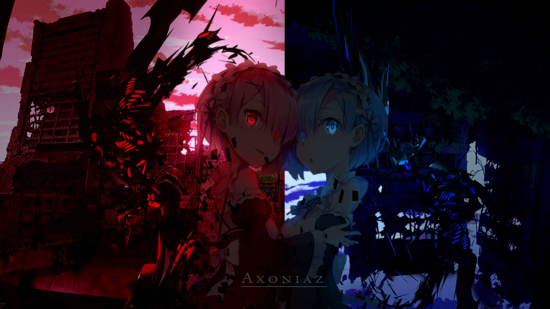 creepy anime, crimson and indigo sky, red-eyed, Full HD Desktop Wallpaper