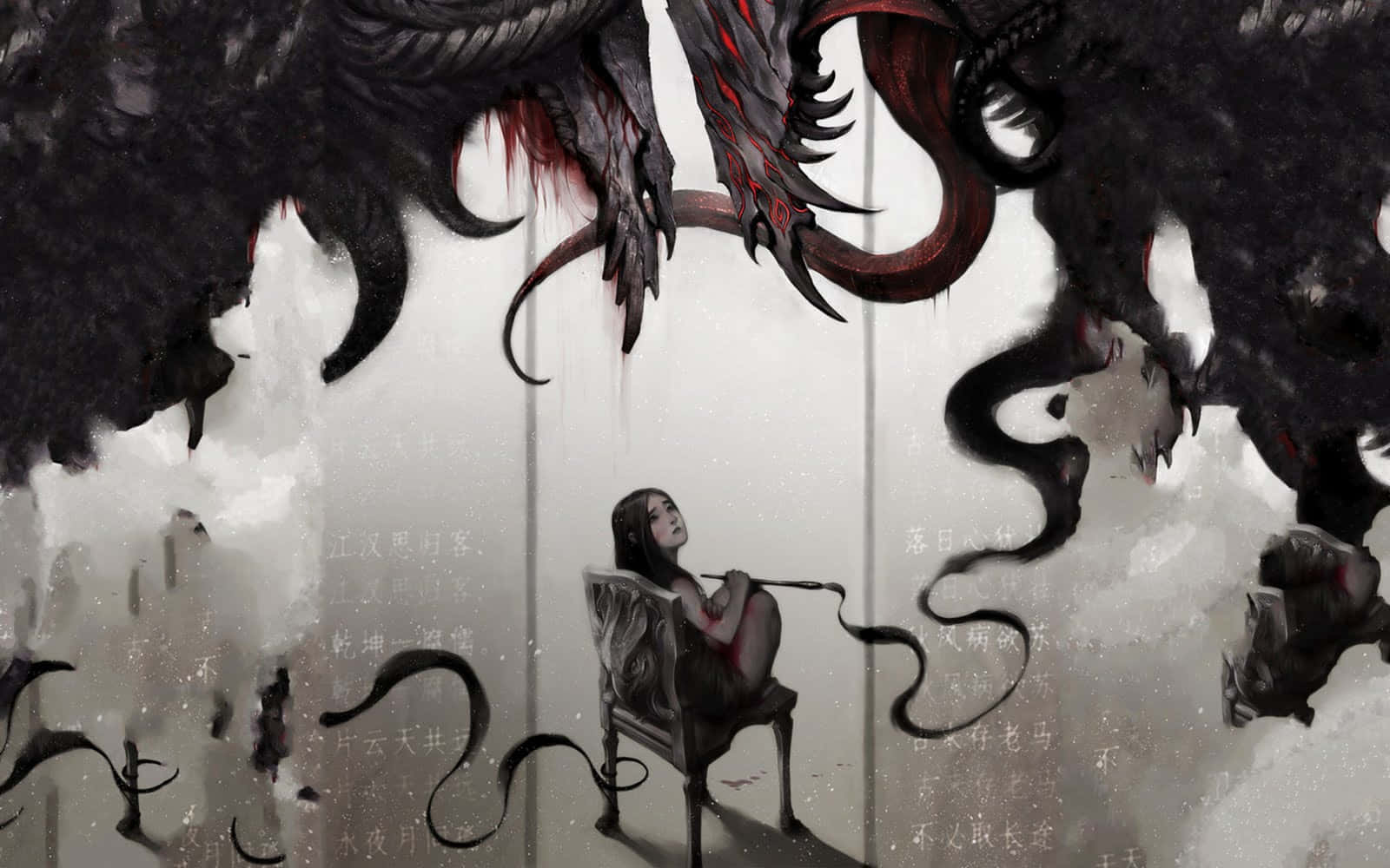 girl holding paint brush, massive dark dragons, red accents, HD Desktop Wallpaper