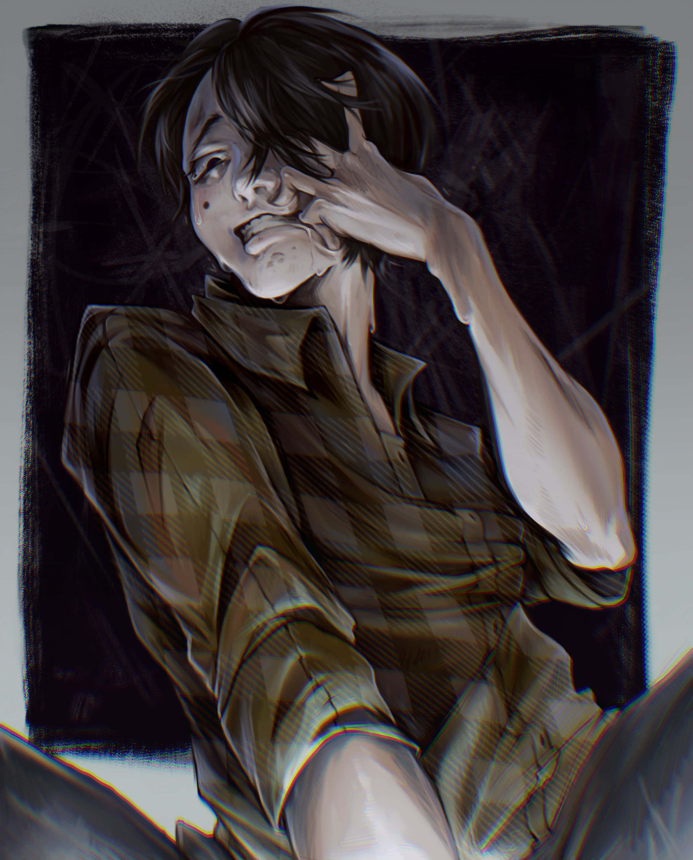darkly intense anime portrait, melancholic anime-style character, dark hair, 2K Phone Wallpaper