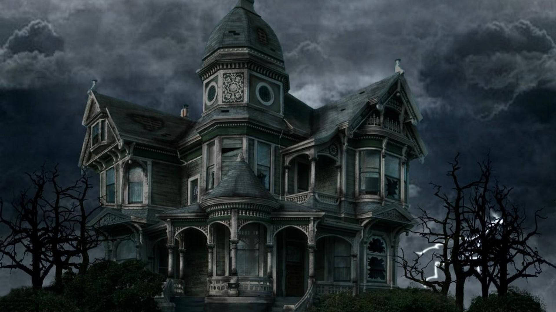 Victorian mansion, stormy sky, lightning, Full HD Desktop Wallpaper