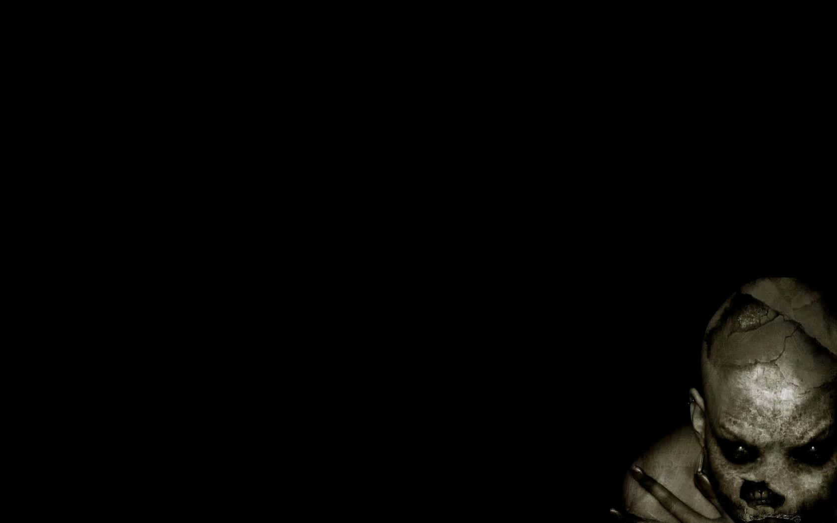 cracked skull-faced figure, darkness, stark monochrome horror scene, HD Desktop Wallpaper
